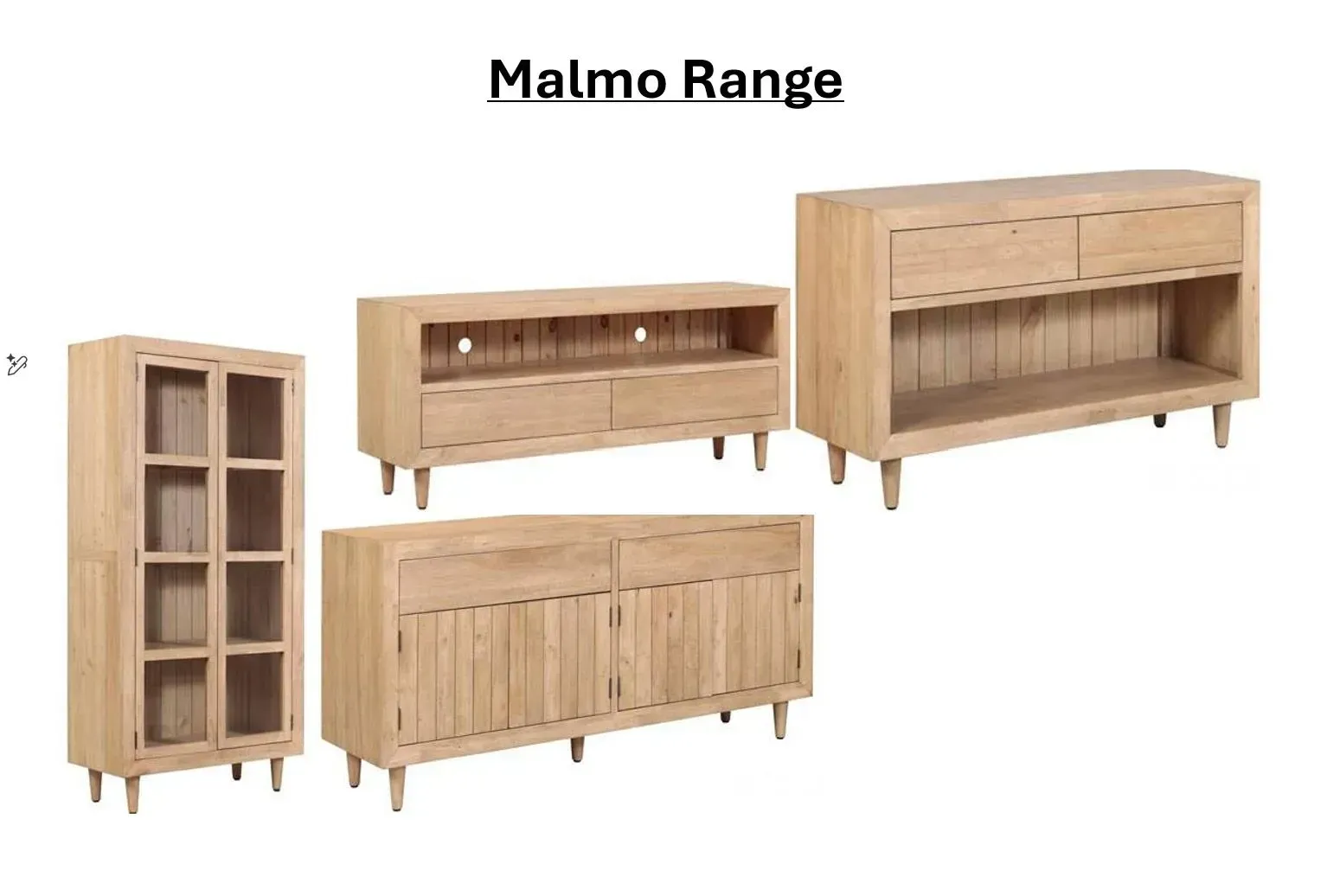 Malmo Range wooden storage cabinets and sideboards in light oak finish, shown in four styles