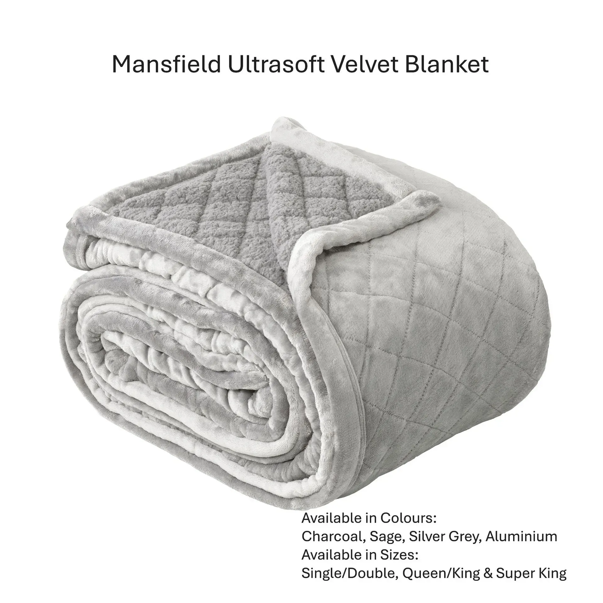 Mansfield ultrasoft velvet blanket in light gray, folded in a quilted roll, with sherpa trim.