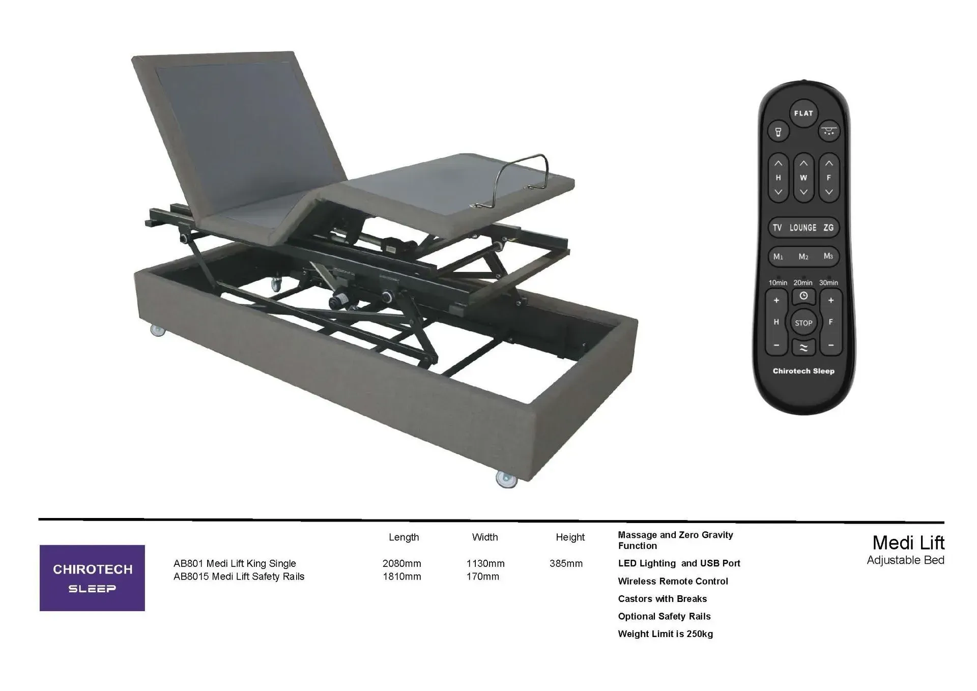 Adjustable gray electric bed frame with remote control and raised backrest