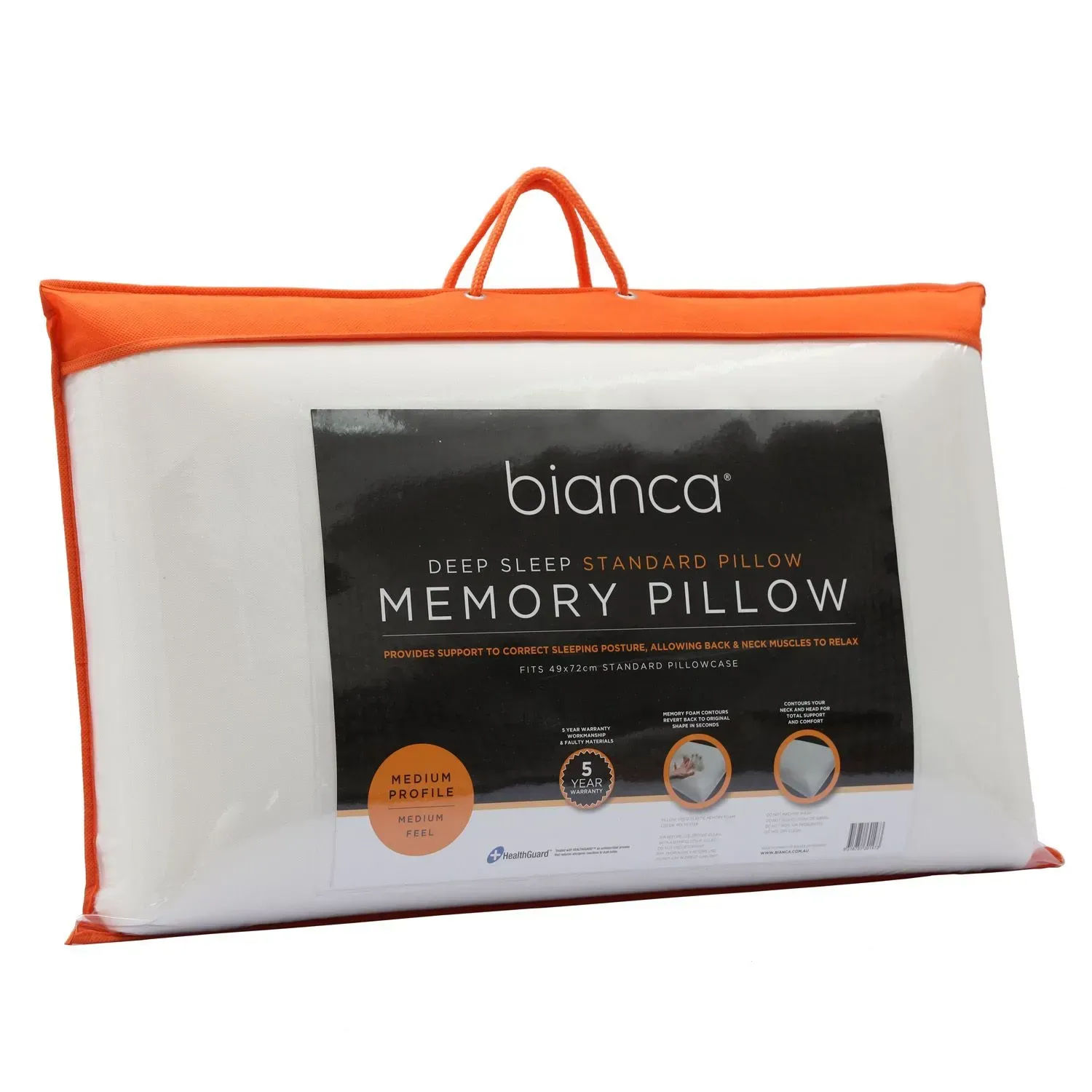 Orange and white packaged Bianca memory pillow with carry handle