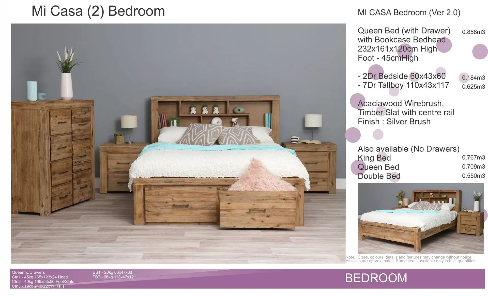 Rustic beige wood bedroom set with bed, dresser, and nightstand on a white backdrop