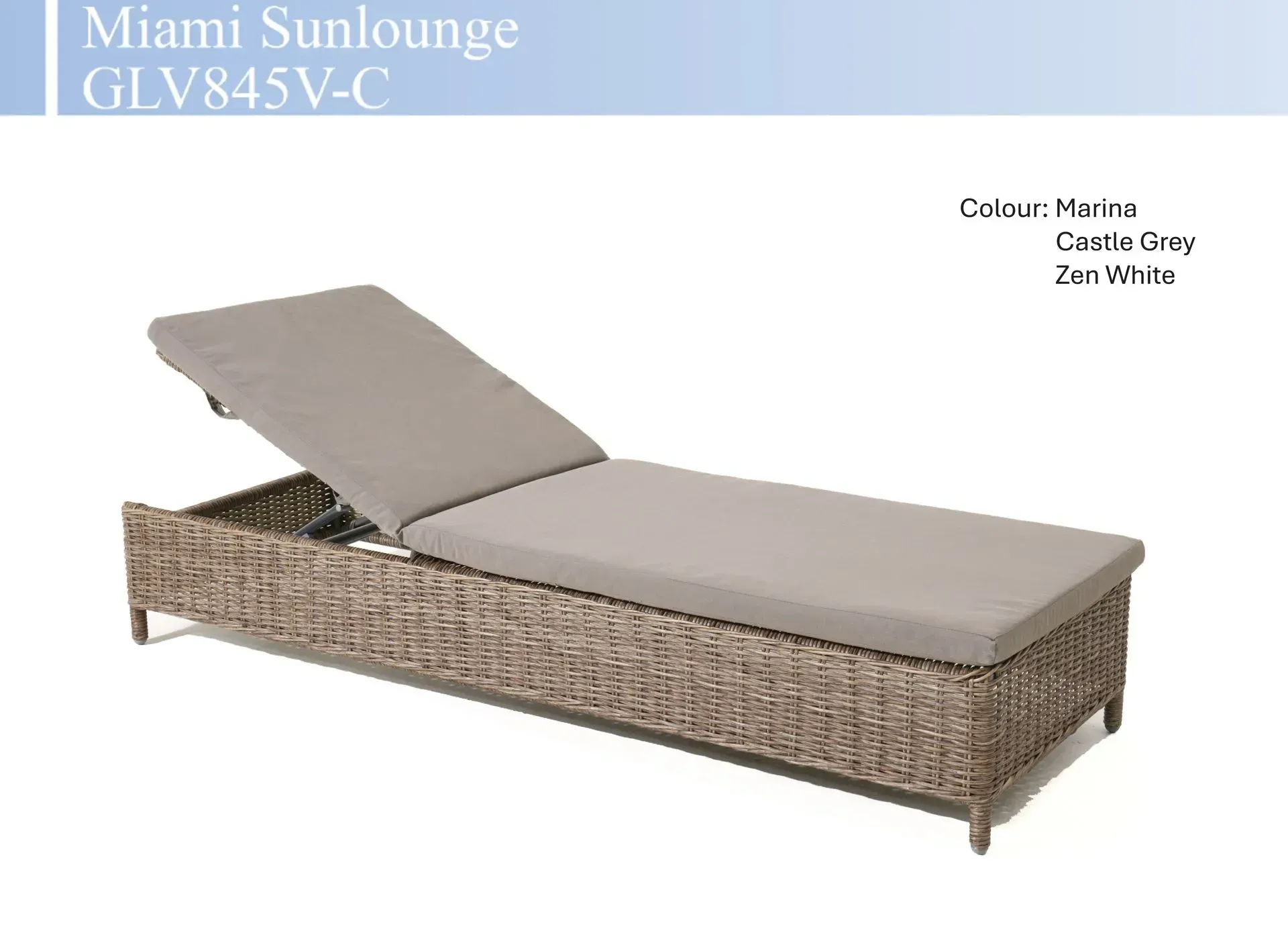 Miami Sunlounger in gray wicker with light gray cushions, shown in a reclining position