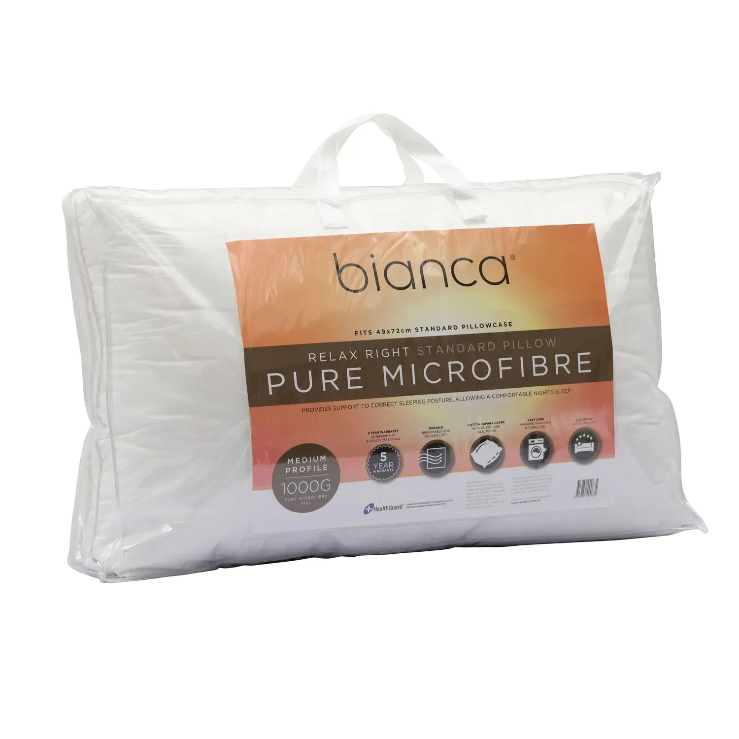 White Bianca Pure Microfibre pillow packaged in clear plastic with an orange label and carry handle