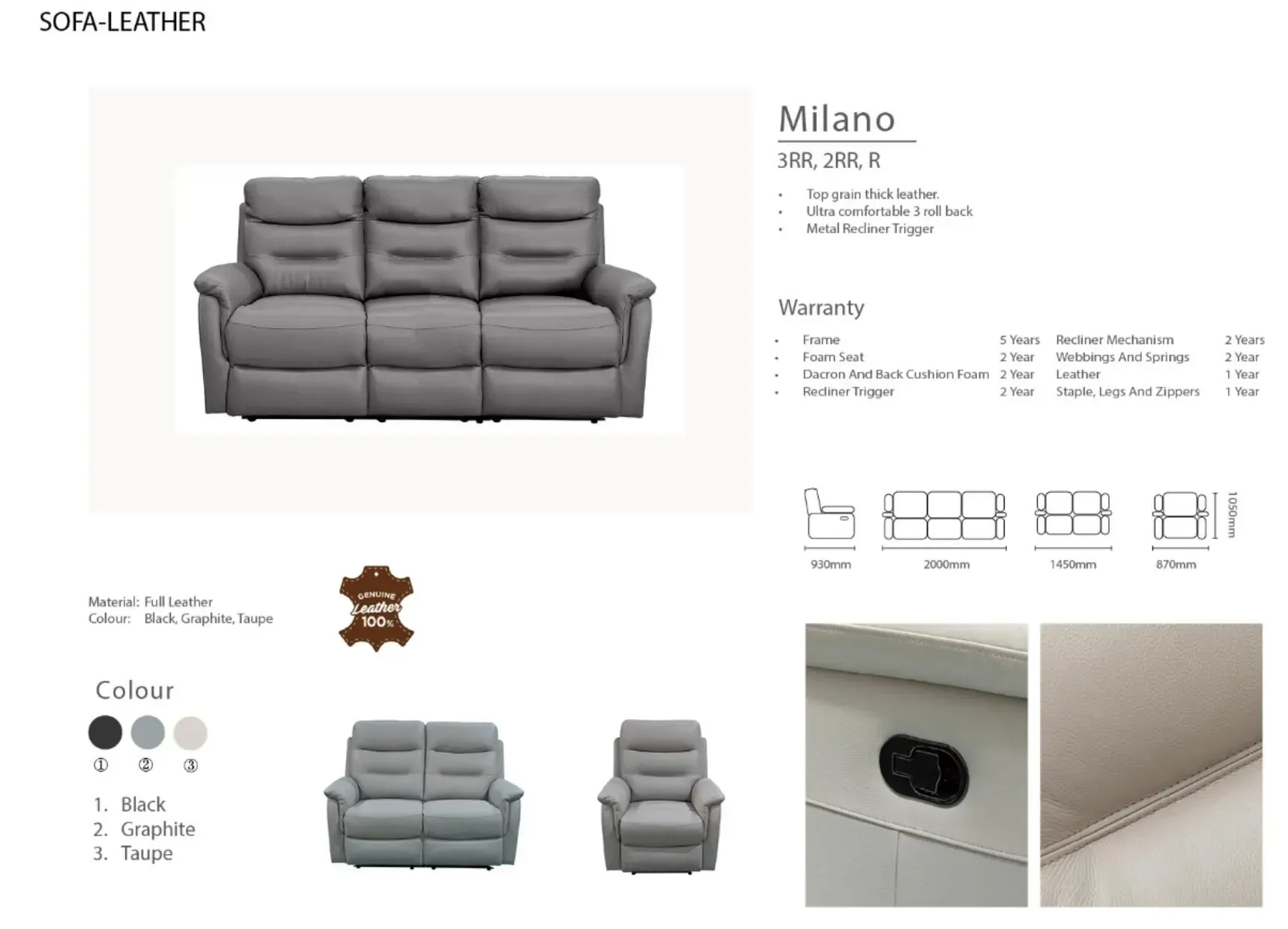Gray Milano leather reclining sofa product listing with color swatches and close-up detail views