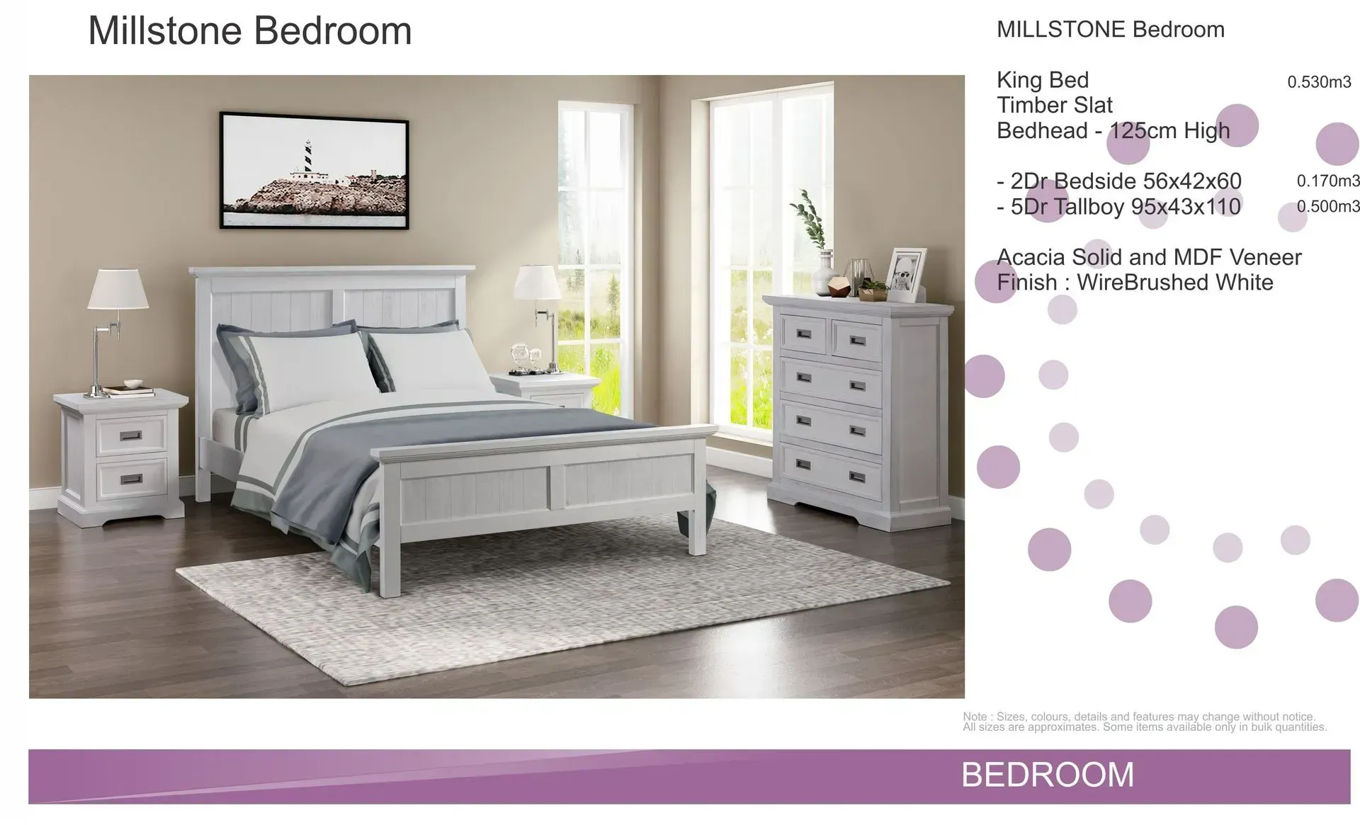 Millstone bedroom set with white bed, dresser, nightstand, and mirror in a bright gray room