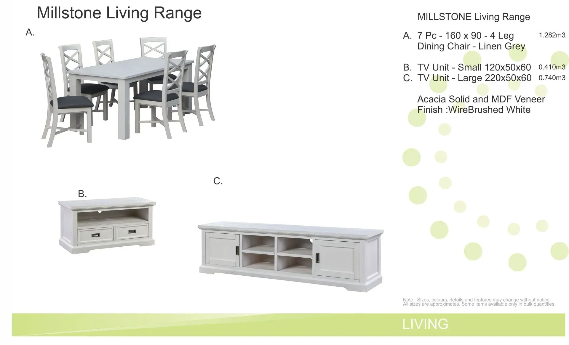 Millstone living room furniture set with dining table, coffee table, and TV console in light wood and white tones
