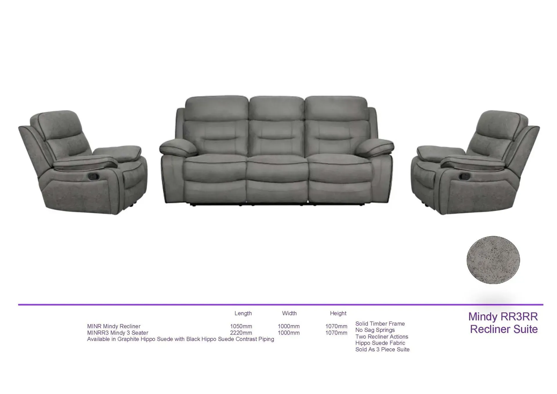 Gray reclining sofa set with matching armchairs on a white background, furniture catalog layout