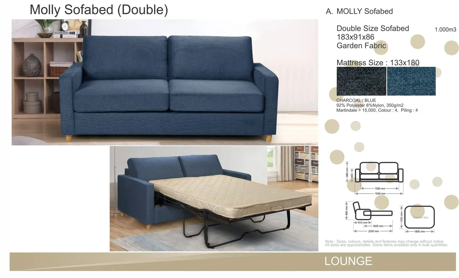 Blue two-seat sofa with pull-out bed in a living room product listing, shown open and closed