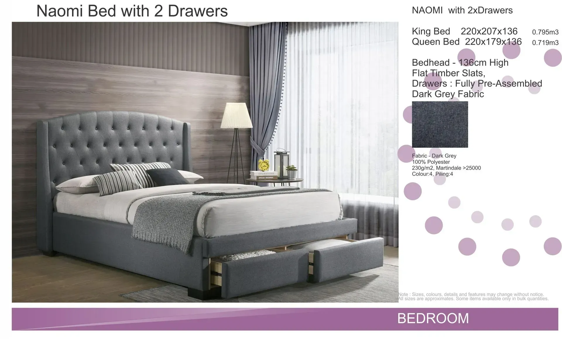 Gray tufted queen bed with two drawers in a bedroom, shown with lamp, nightstand, and curtains.