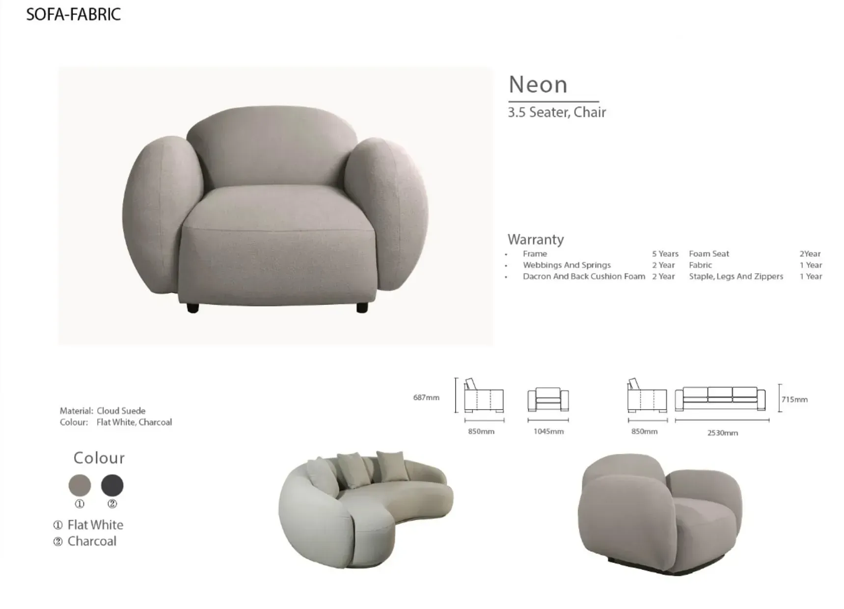 Light gray plush armchair with rounded arms and back, shown in multiple product views with fabric color options