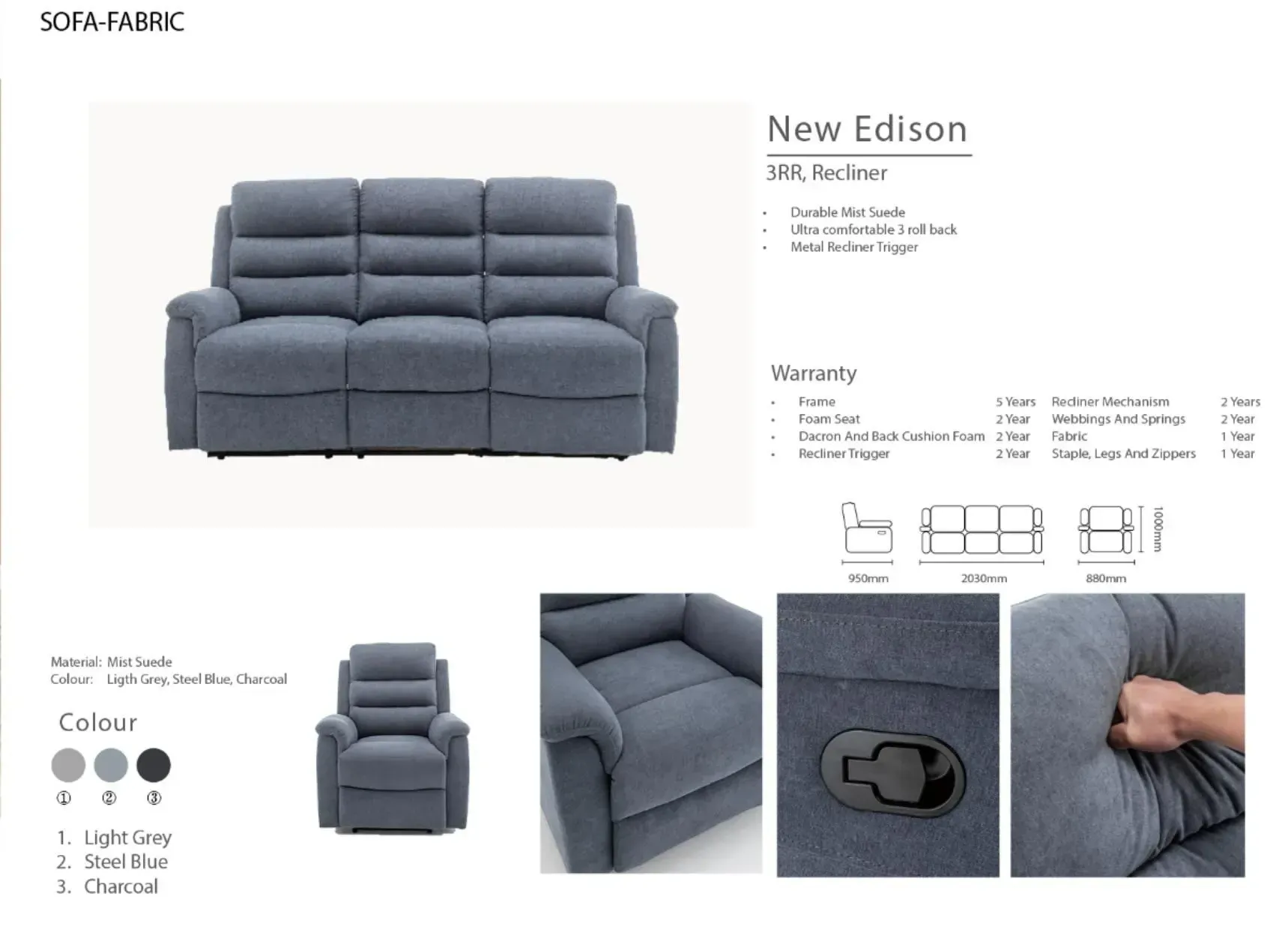Gray 2-seat reclining sofa shown in product catalog with close-up details and color options