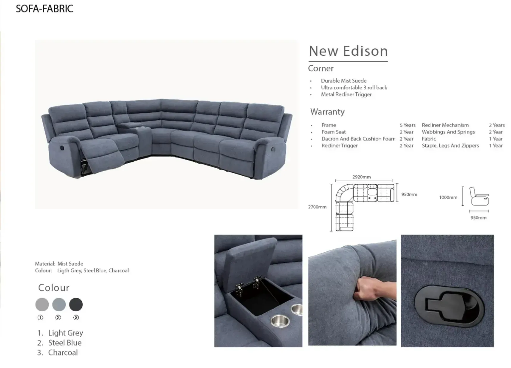 Gray modular sectional sofa with chaise, shown in multiple angles and close-up details.