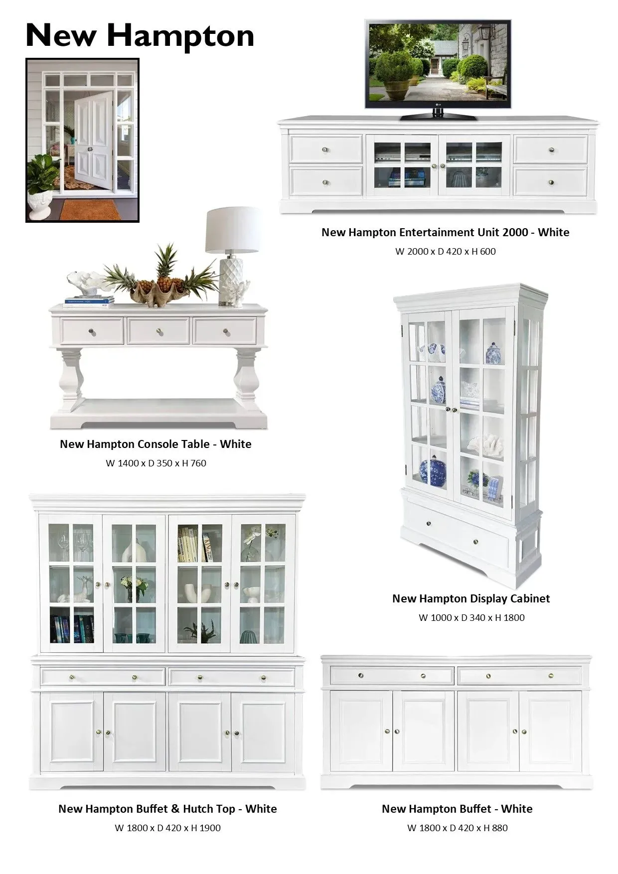White farmhouse-style New Hampton furniture set with cabinets, hutch, and TV console in a collage.