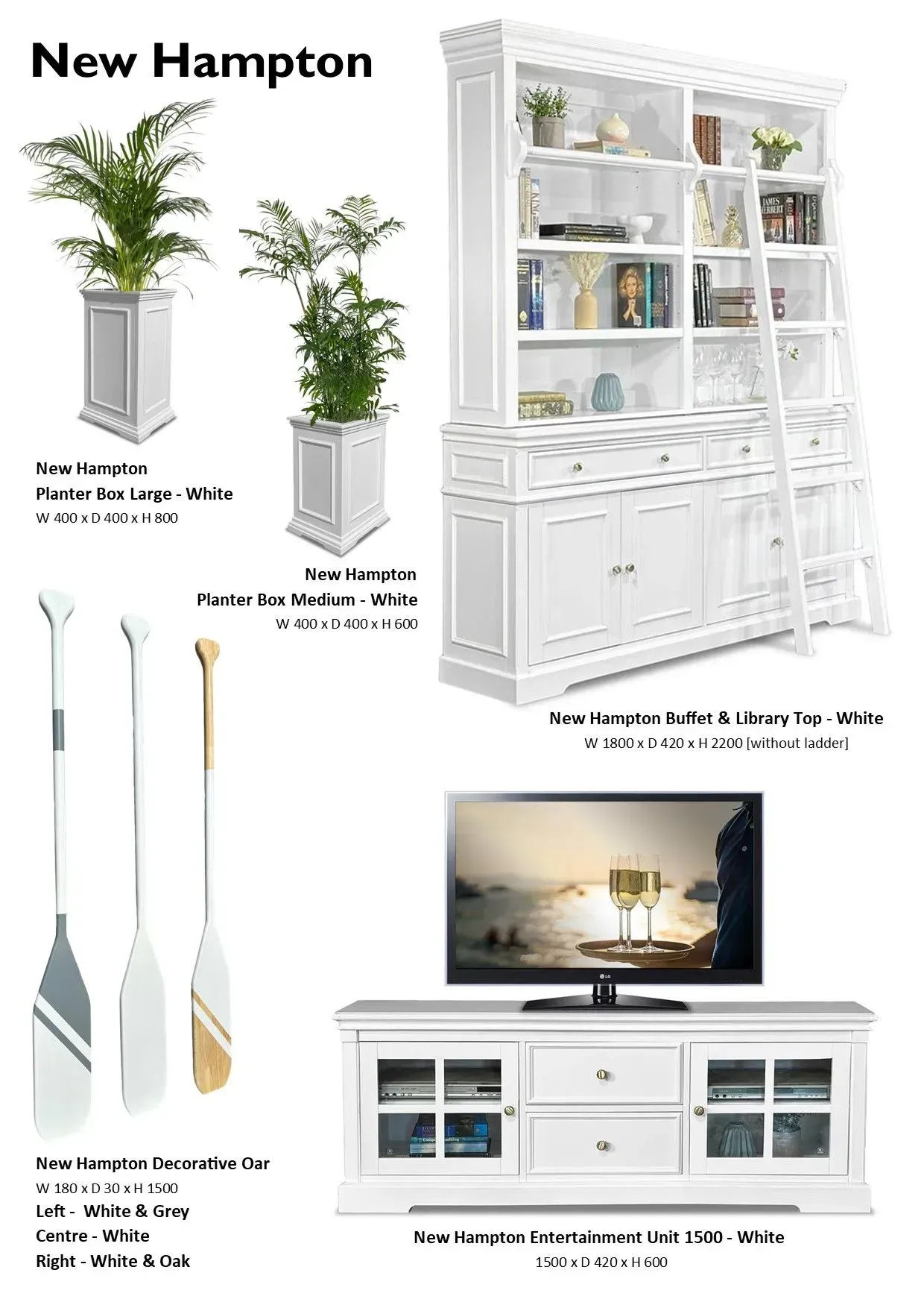 White New Hampton furniture set with ladder shelf, plant stand, decor pieces, and TV console in a bright room