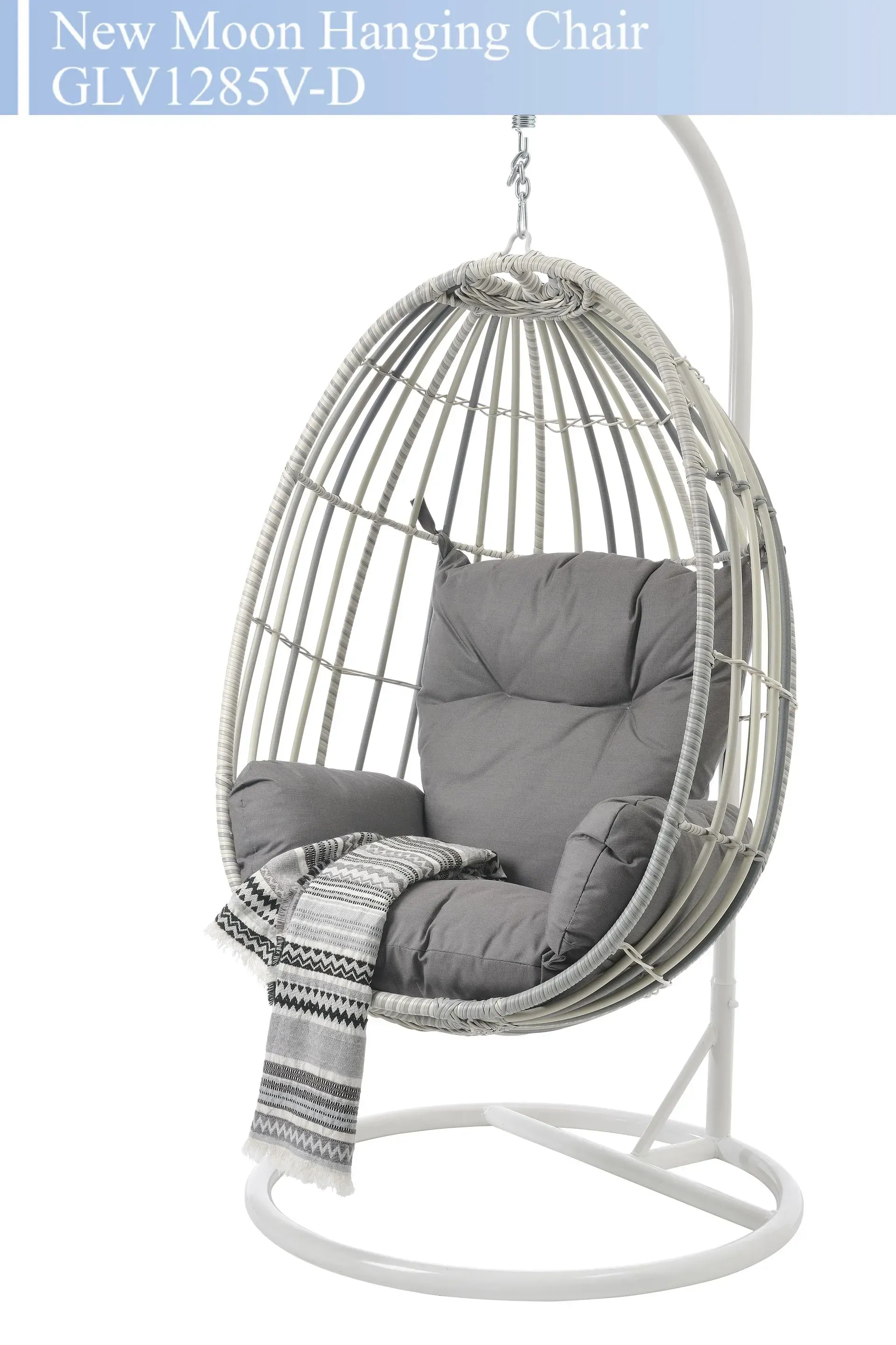 Gray hanging egg chair with cushioned seat and white stand, shown on a product listing background