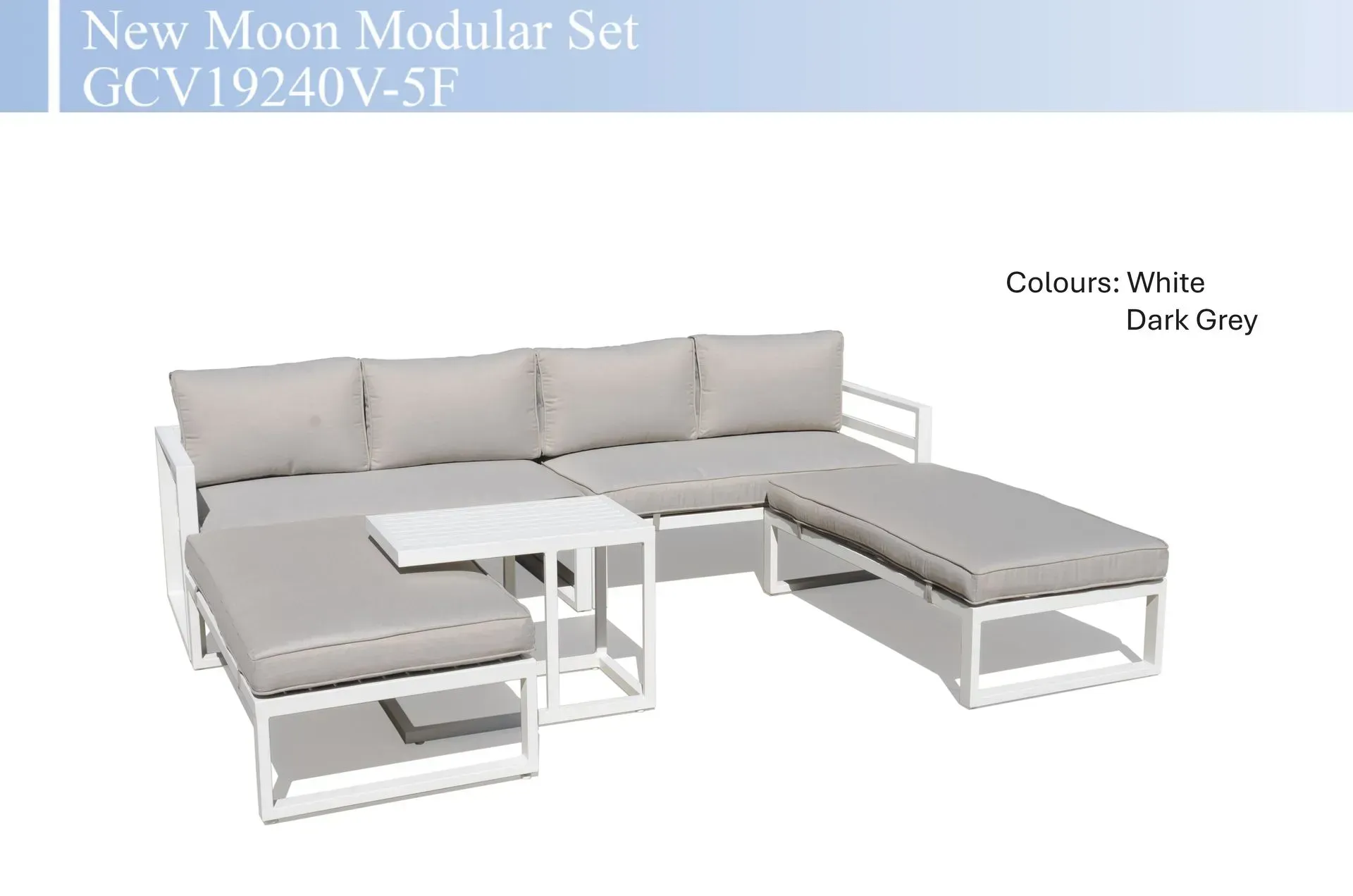 Modern light gray modular sectional sofa set with white table and chaise lounge on a white background