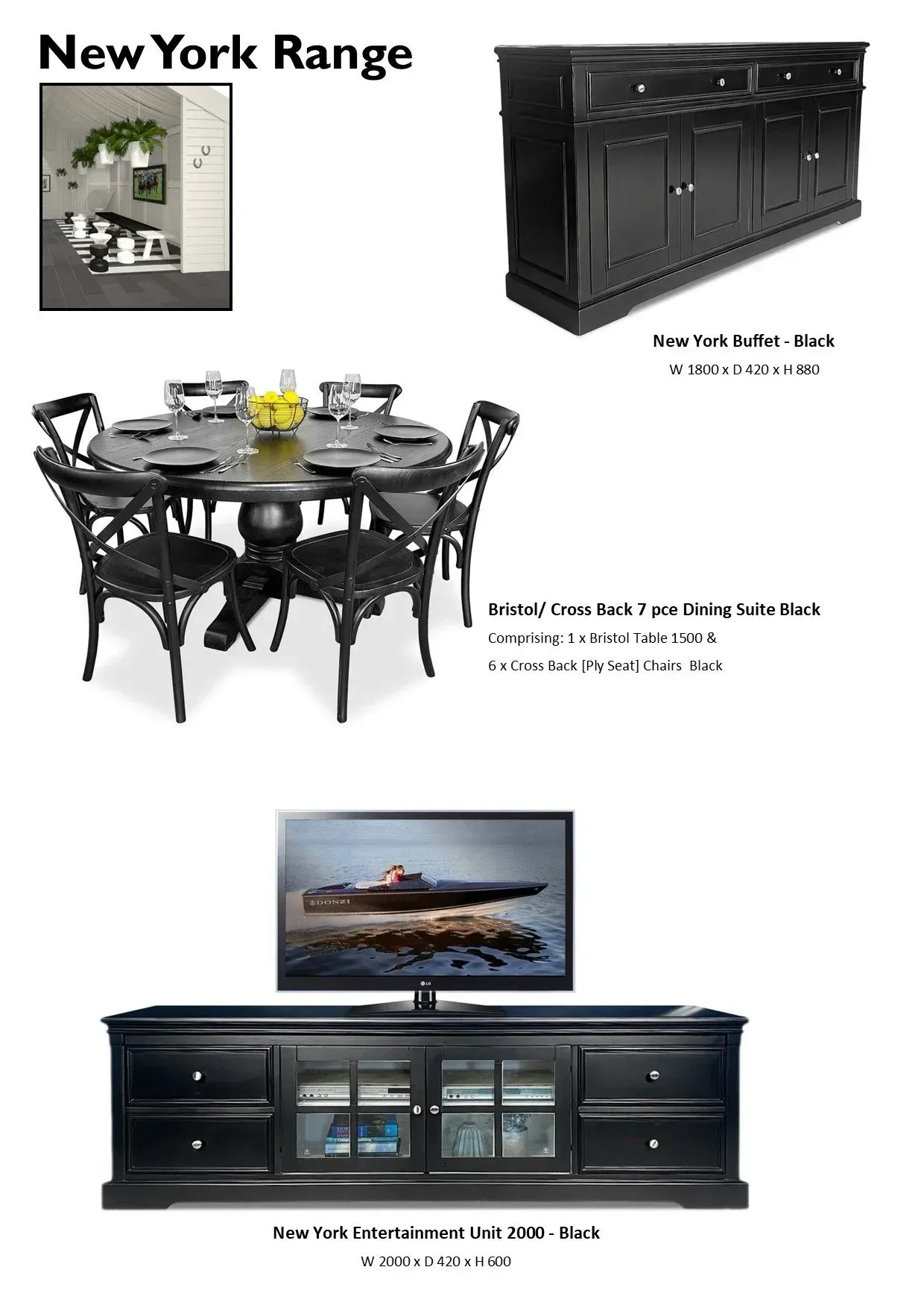 Black dining set with round table, sideboard, TV stand, and mirror from the New York Range