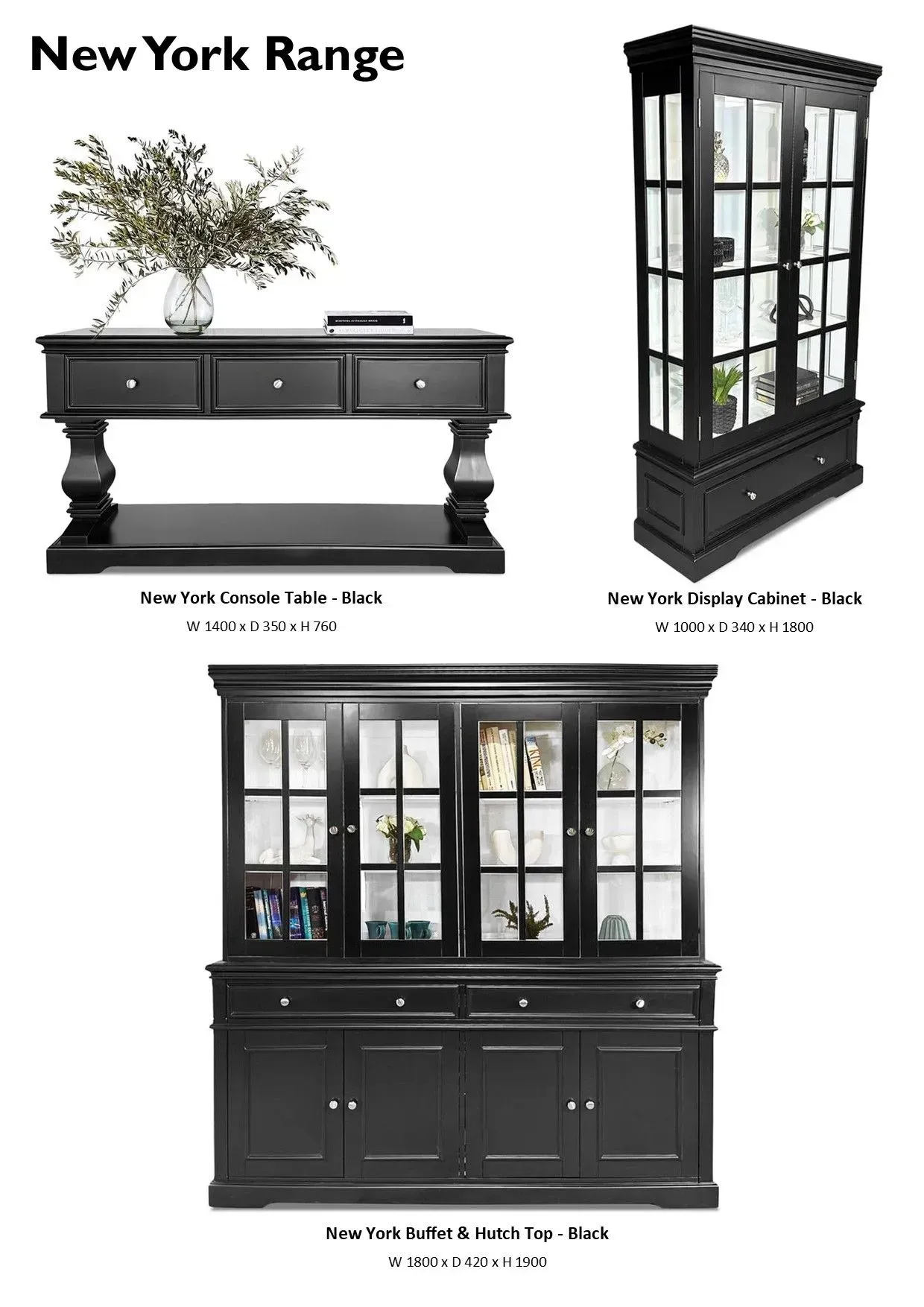 Black wooden china cabinet and matching sideboard set with glass-front doors and drawers on white background
