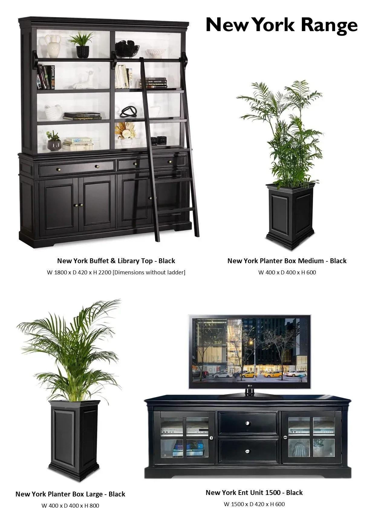 New York Range furniture collection featuring black display cabinets and tall plant stands with greenery