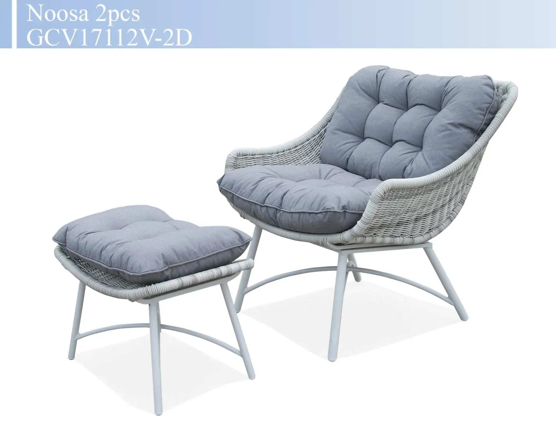 Gray cushioned wicker lounge chair with matching ottoman on white background