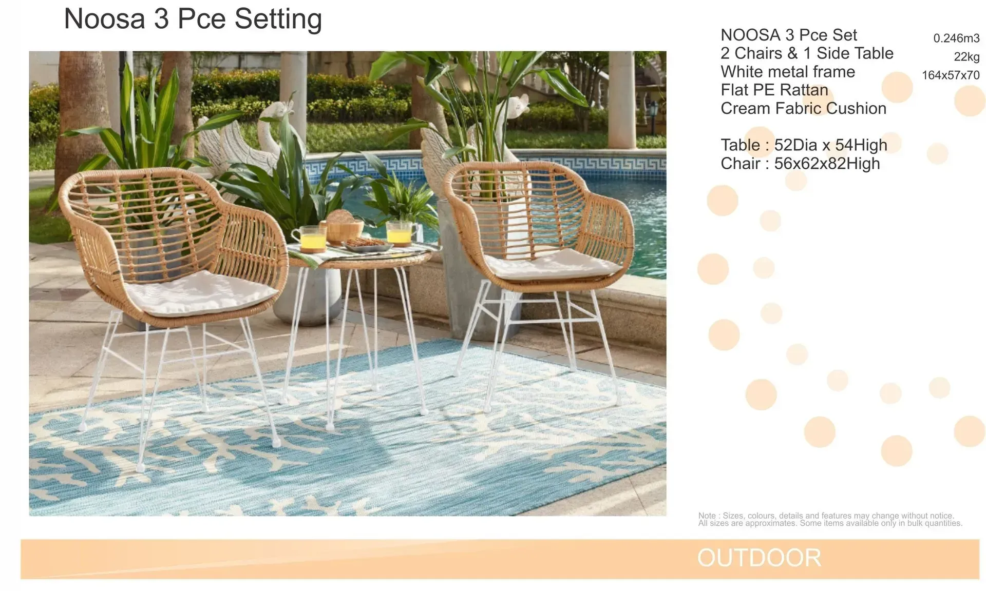 Three-piece woven patio set with chairs and table beside a pool, in a bright outdoor setting