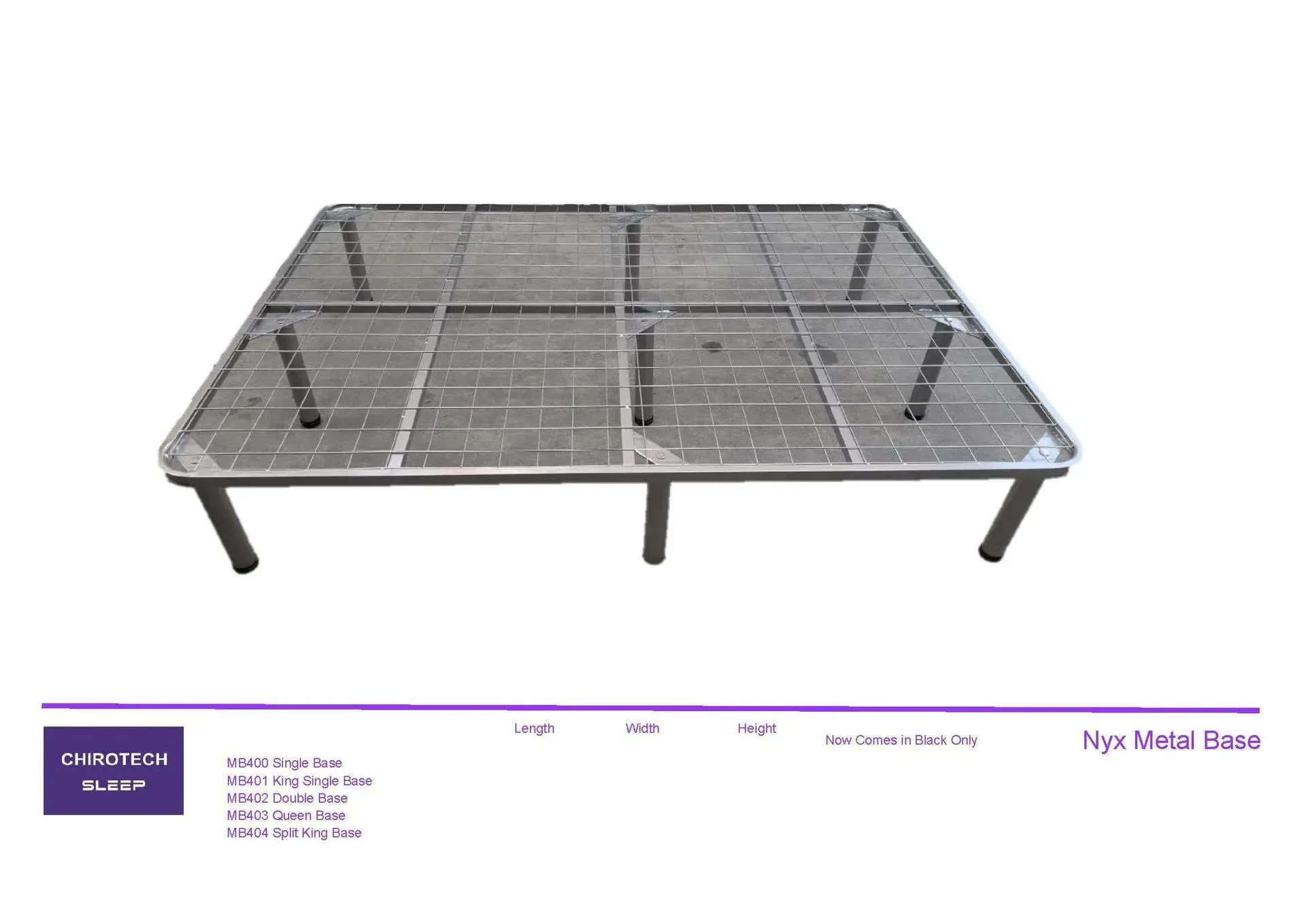 Gray metal bed frame with slatted base and black legs on a white background