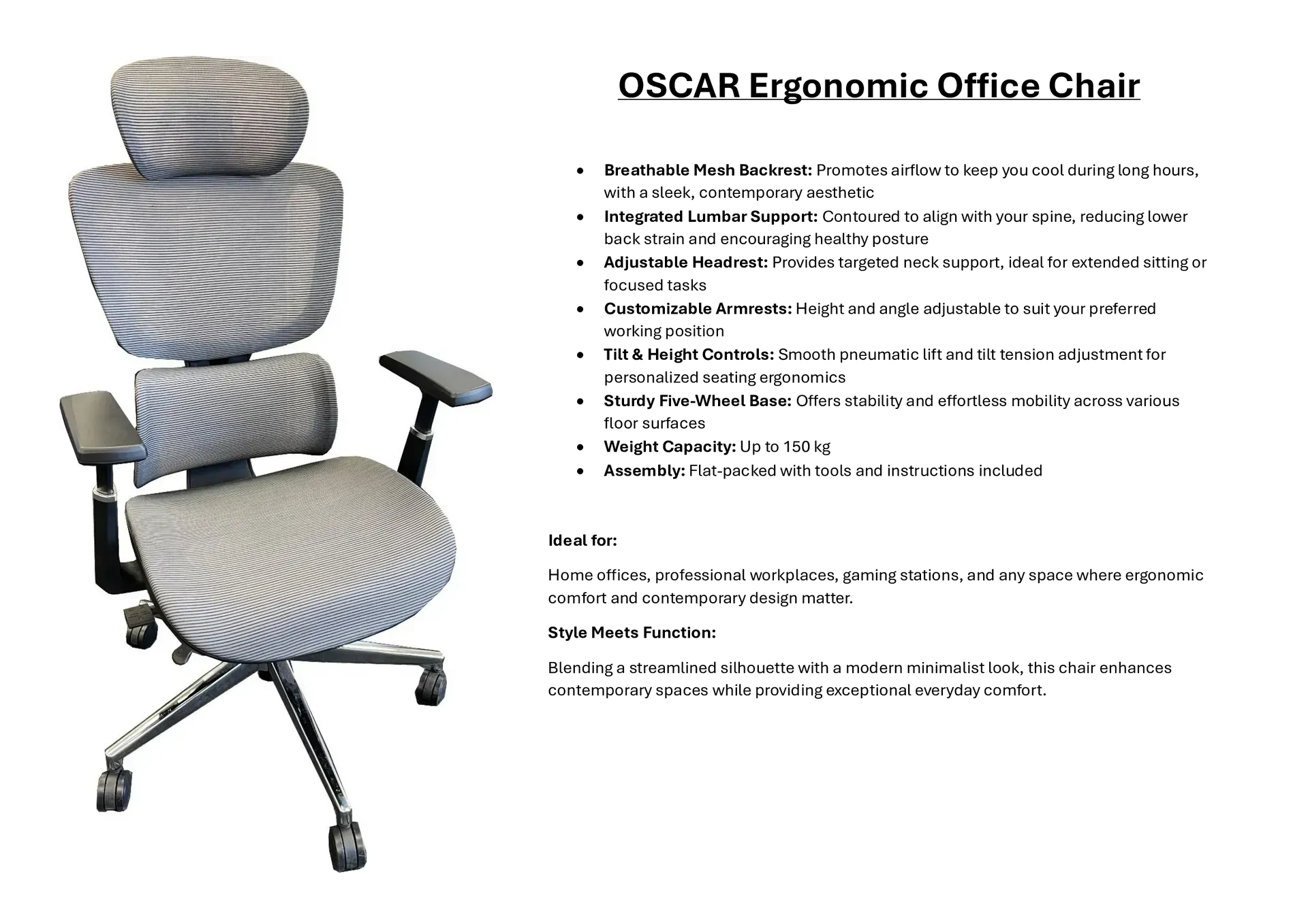 OSCAR ergonomic office chair with zebra-striped cushion, headrest, armrests, and five-wheel base on white background