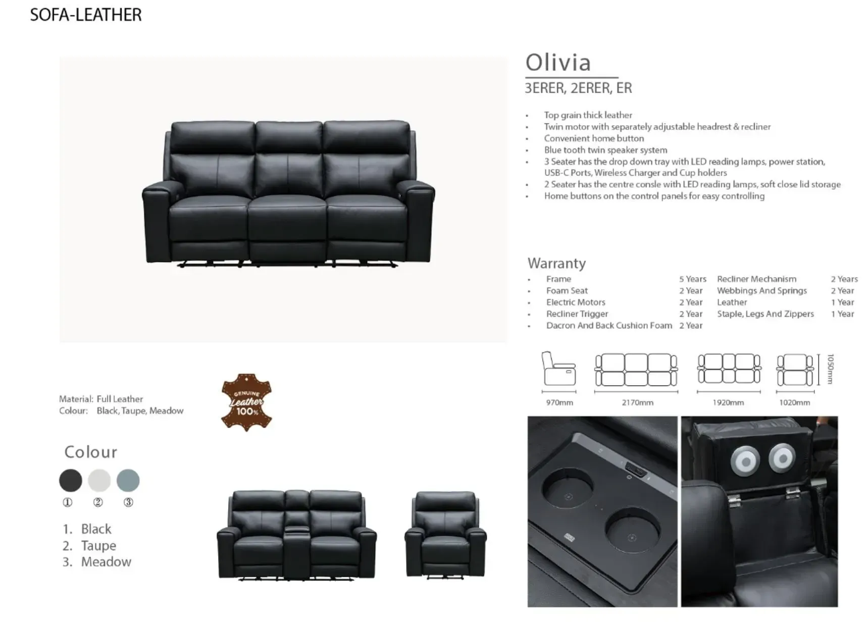 Black leather reclining sofa with product details and close-up feature images