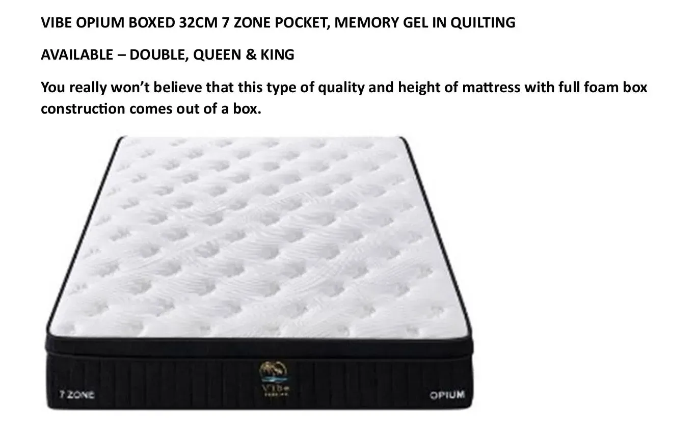 White quilted 7-zone pocket memory foam mattress on black base, isolated on white background