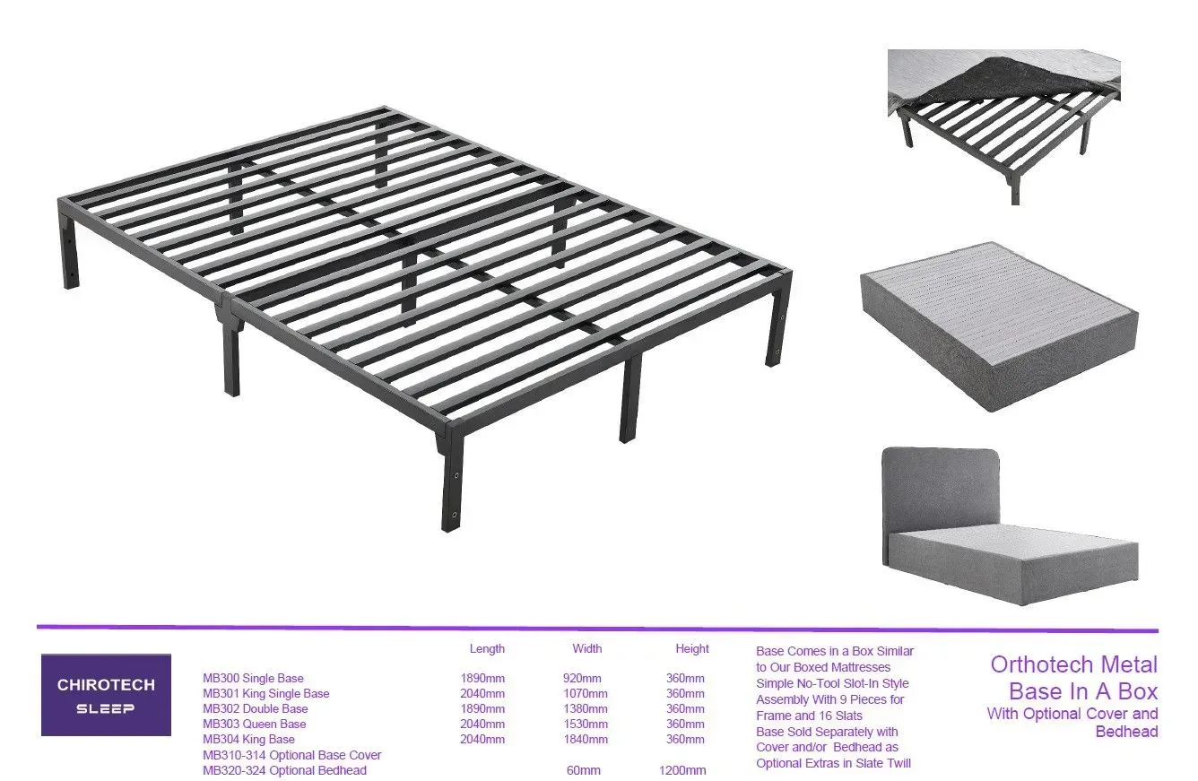 Metal bed frame with slats, shown in black with inset detail views and product specs below