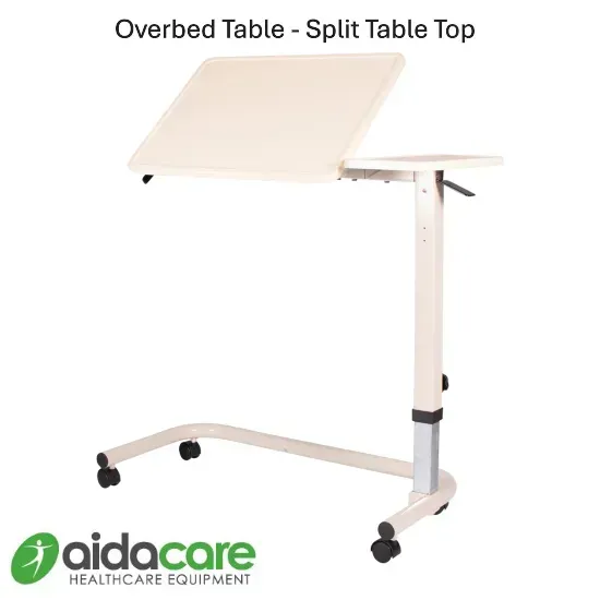 Adjustable overbed table with split beige top and wheeled base on white background