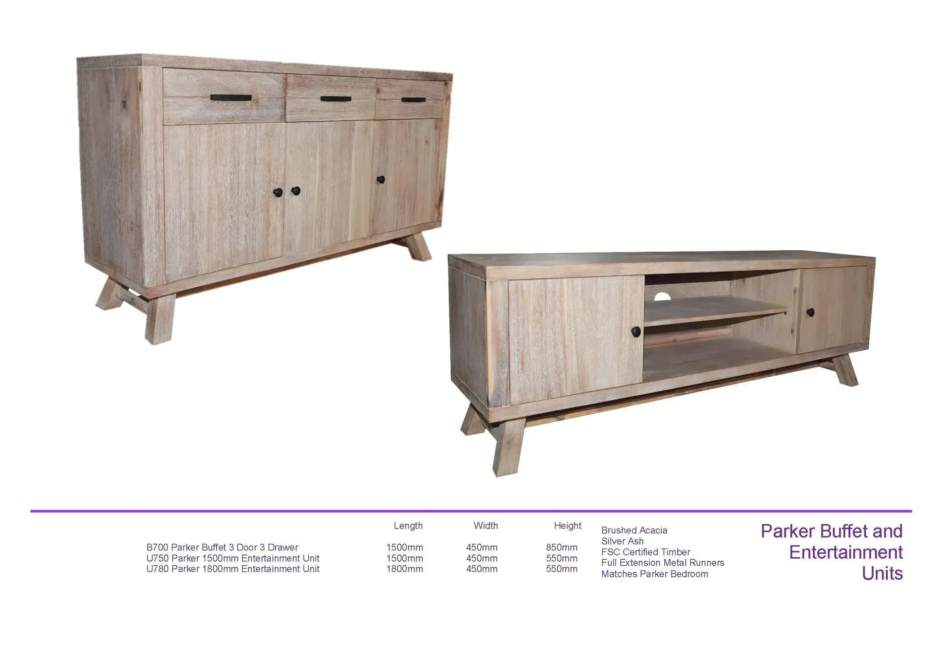 Wooden sideboard cabinet shown closed and with doors open, revealing shelves and drawers.