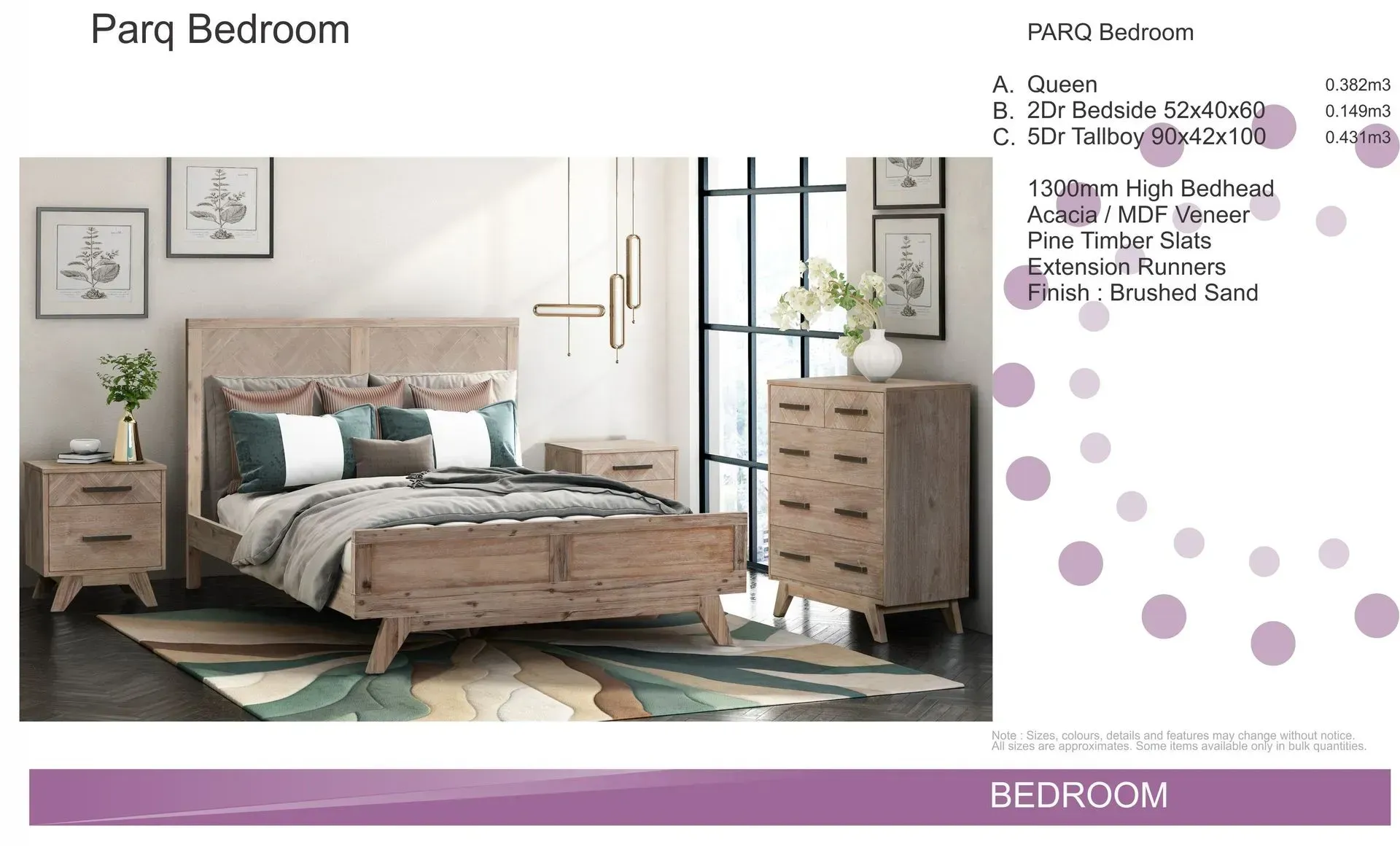 Modern farmhouse bed room set with wood bed, nightstands, dresser, and framed wall art in neutral tones