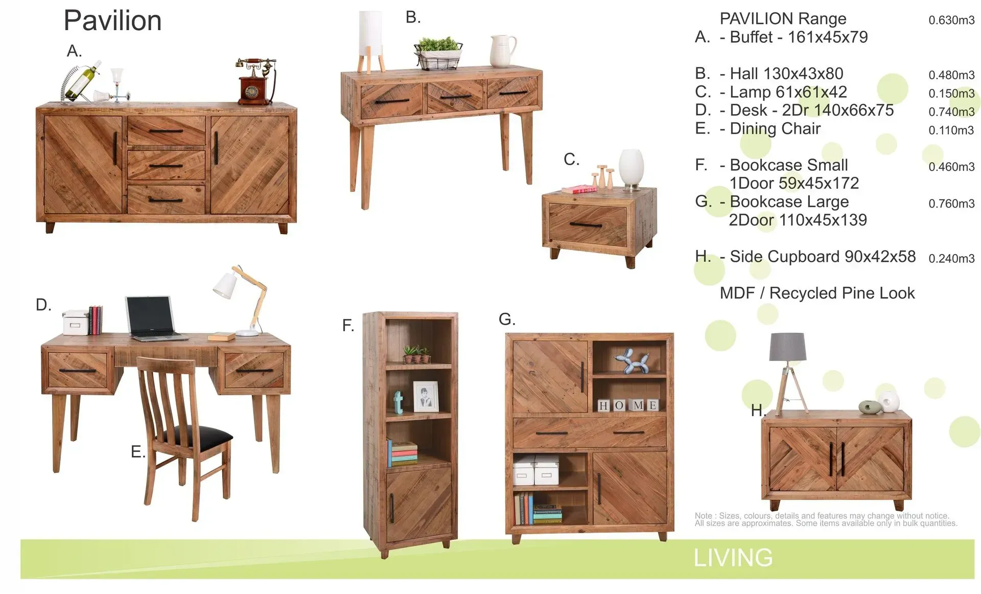 Collage of rustic wooden living room furniture: cabinets, desk, bookcase, and small side tables.