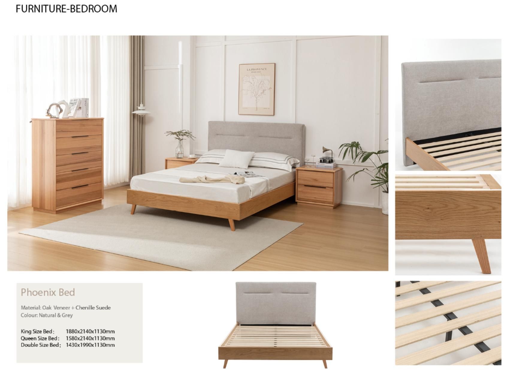 Modern bedroom set with wooden bed, dresser, and nightstand on a light rug in a bright minimalist room