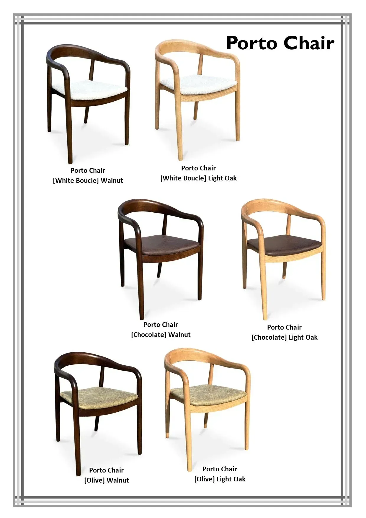 Porto Chair product sheet showing six wooden chair variants in dark and light finishes