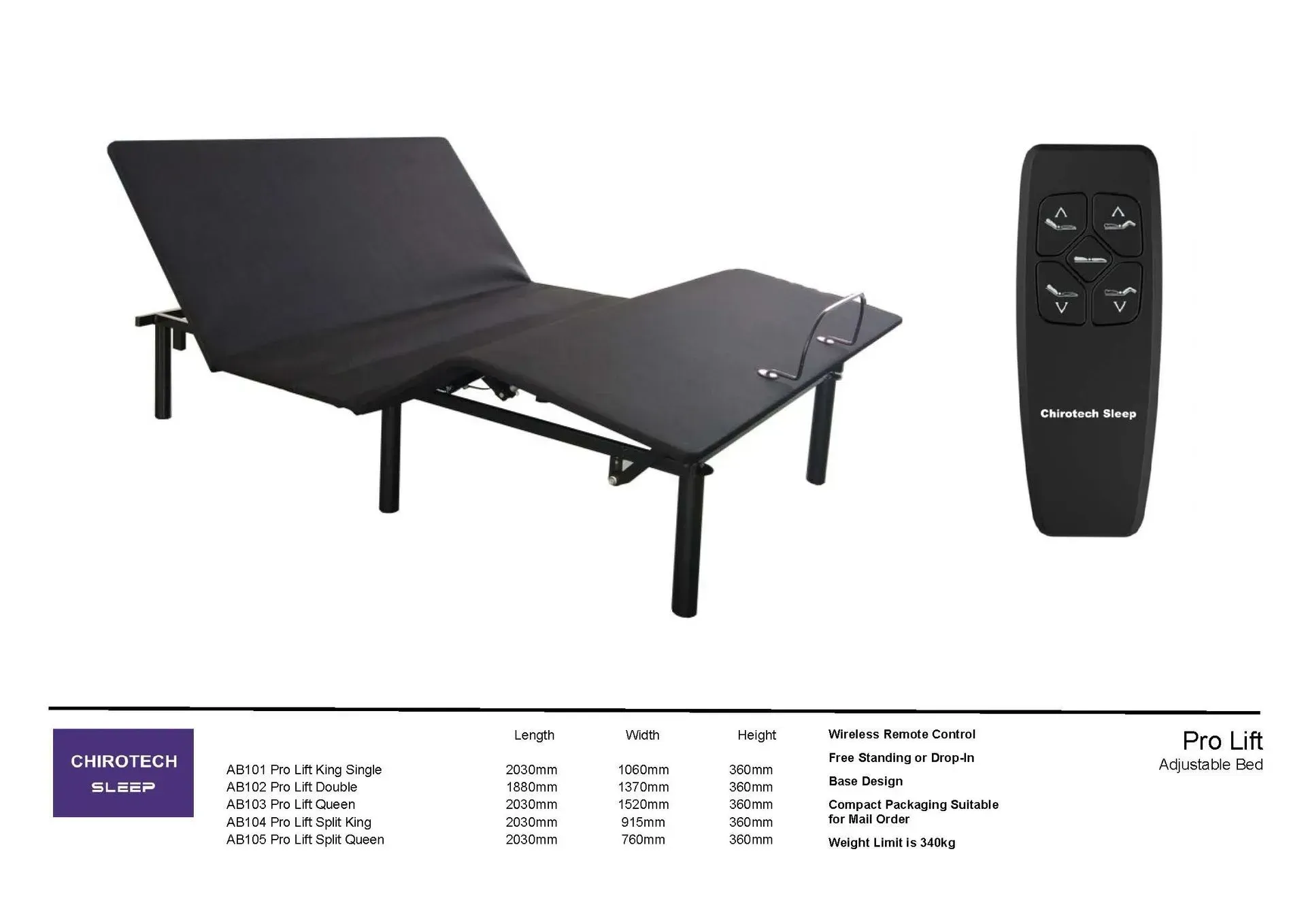 Black adjustable reclining bed base with remote control on white background