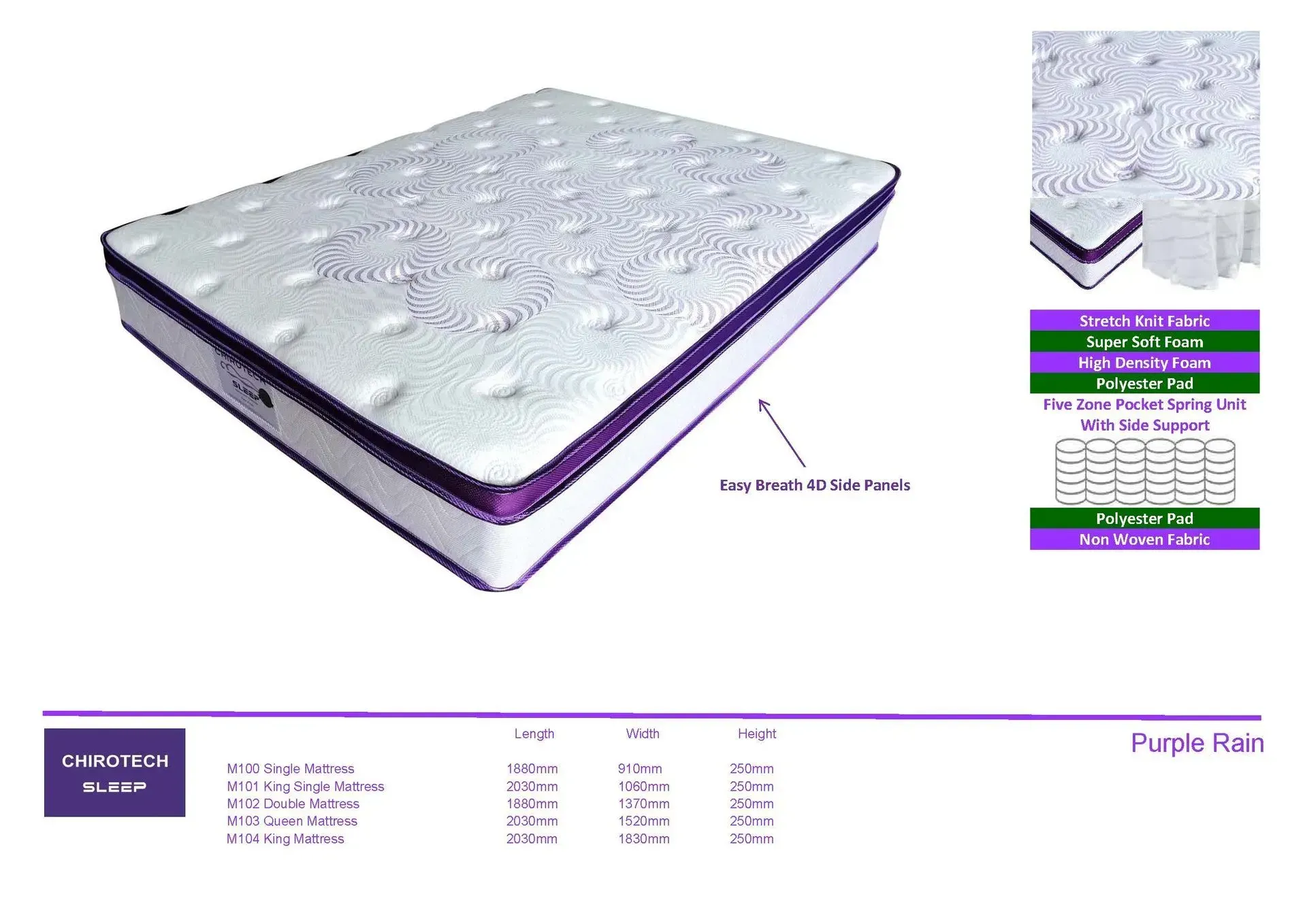 White quilted mattress with purple trim on a product catalog page, plus small inset details and specs.