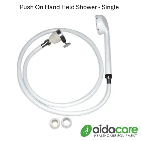 White handheld shower kit with hose, wall mount, and two washers on a white background.