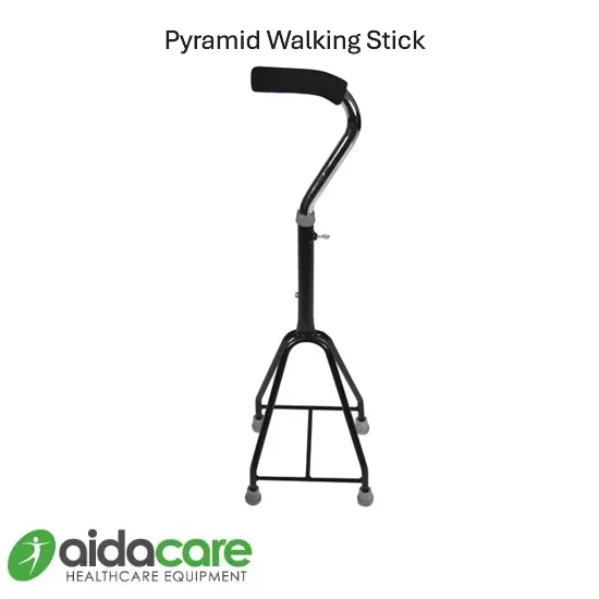Pyramid walking stick with black handle and tripod base, shown on white background