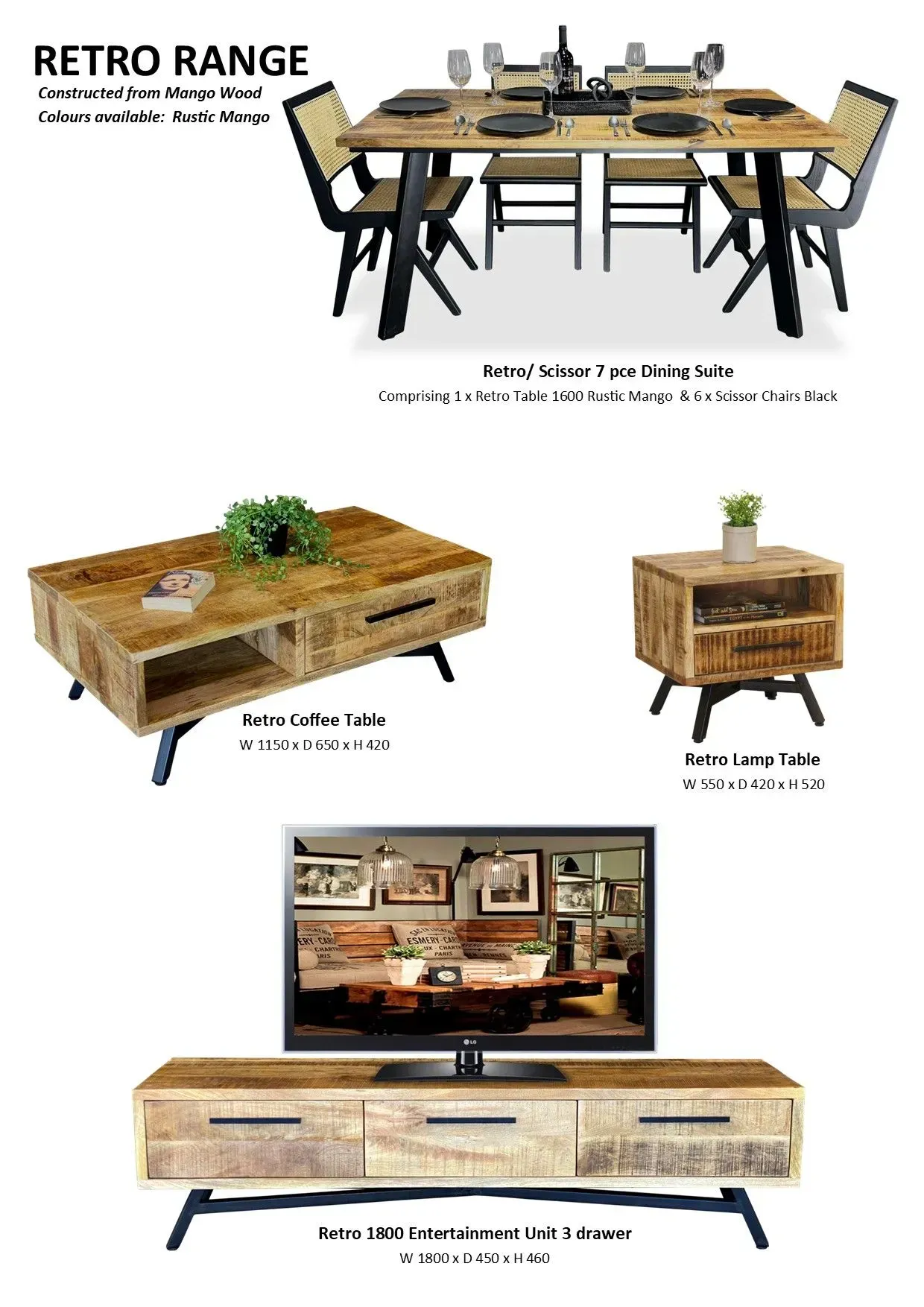 Retro Range wooden TV stand, coffee table, and side table with natural rustic finish and woven drawer fronts
