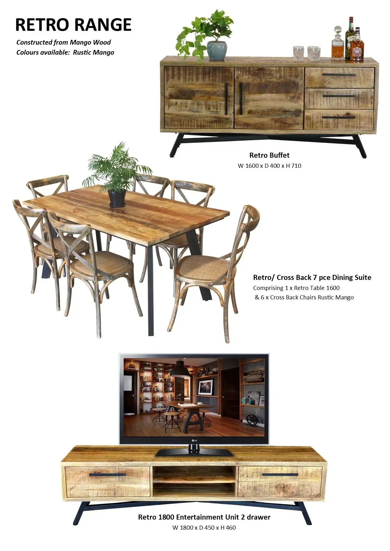 Retro furniture catalog page showing rustic wood buffet, dining table, and TV console with black metal legs