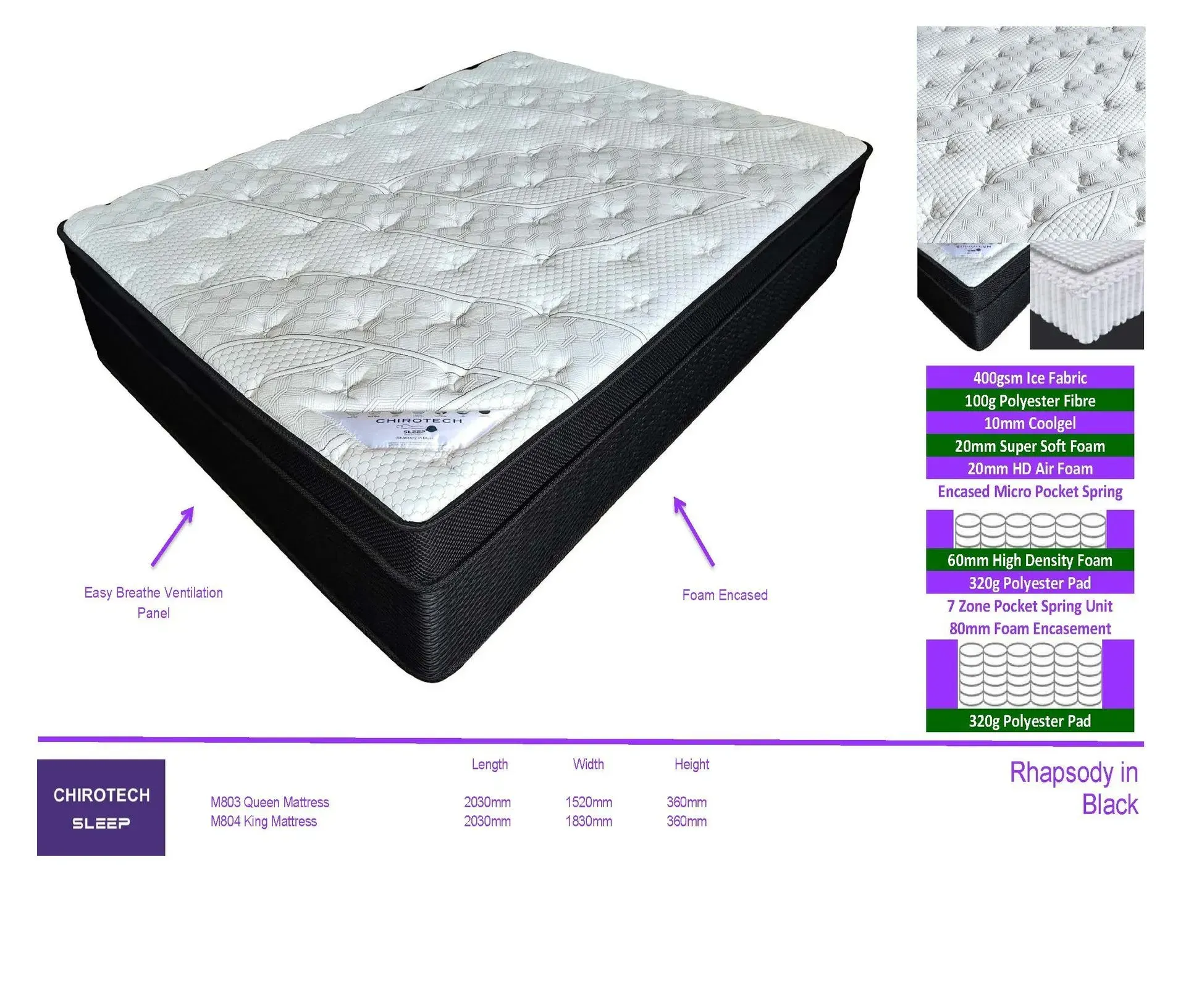Black mattress with white quilted top shown in product ad with size/specification chart.