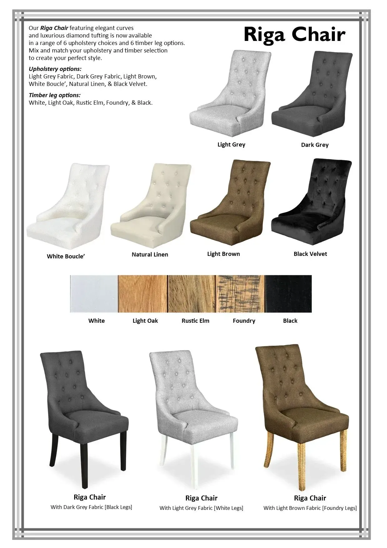 Riga Chair color chart showing upholstered chairs in six fabric colors and three sizes/views
