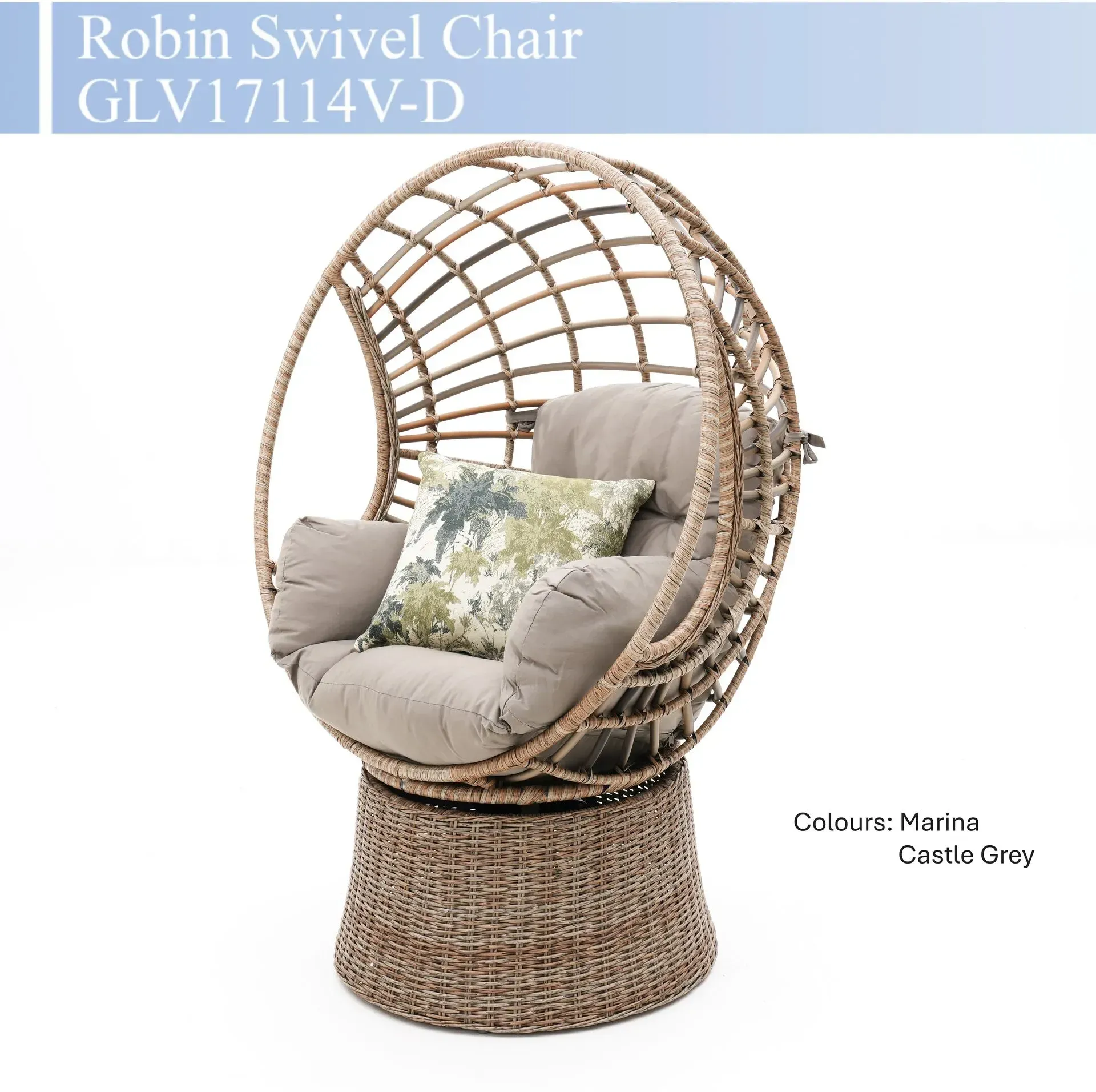 Wicker swivel chair with gray cushions and floral pillow, in black and gray finish.