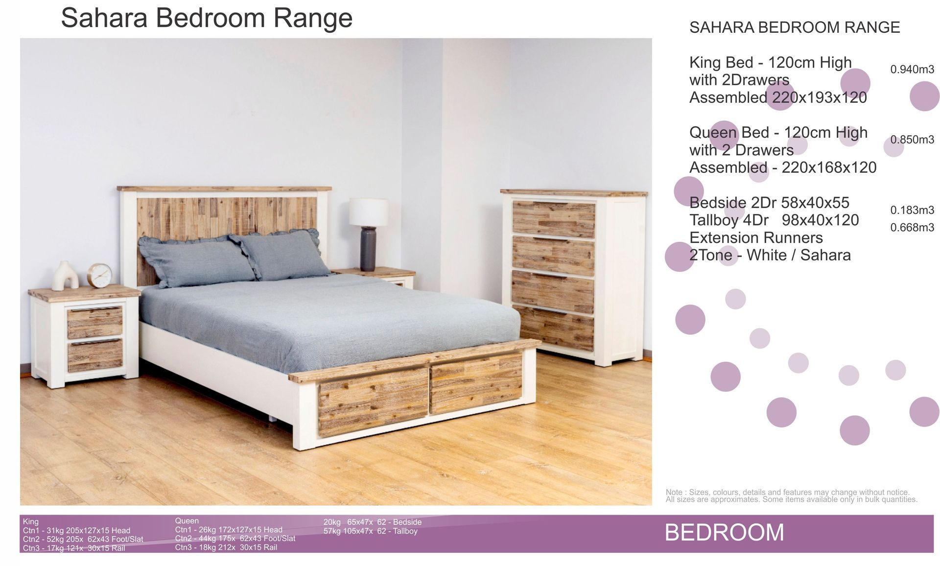 Bedroom furniture set with light wood frame bed, gray bedding, matching nightstand, and dresser on a white background