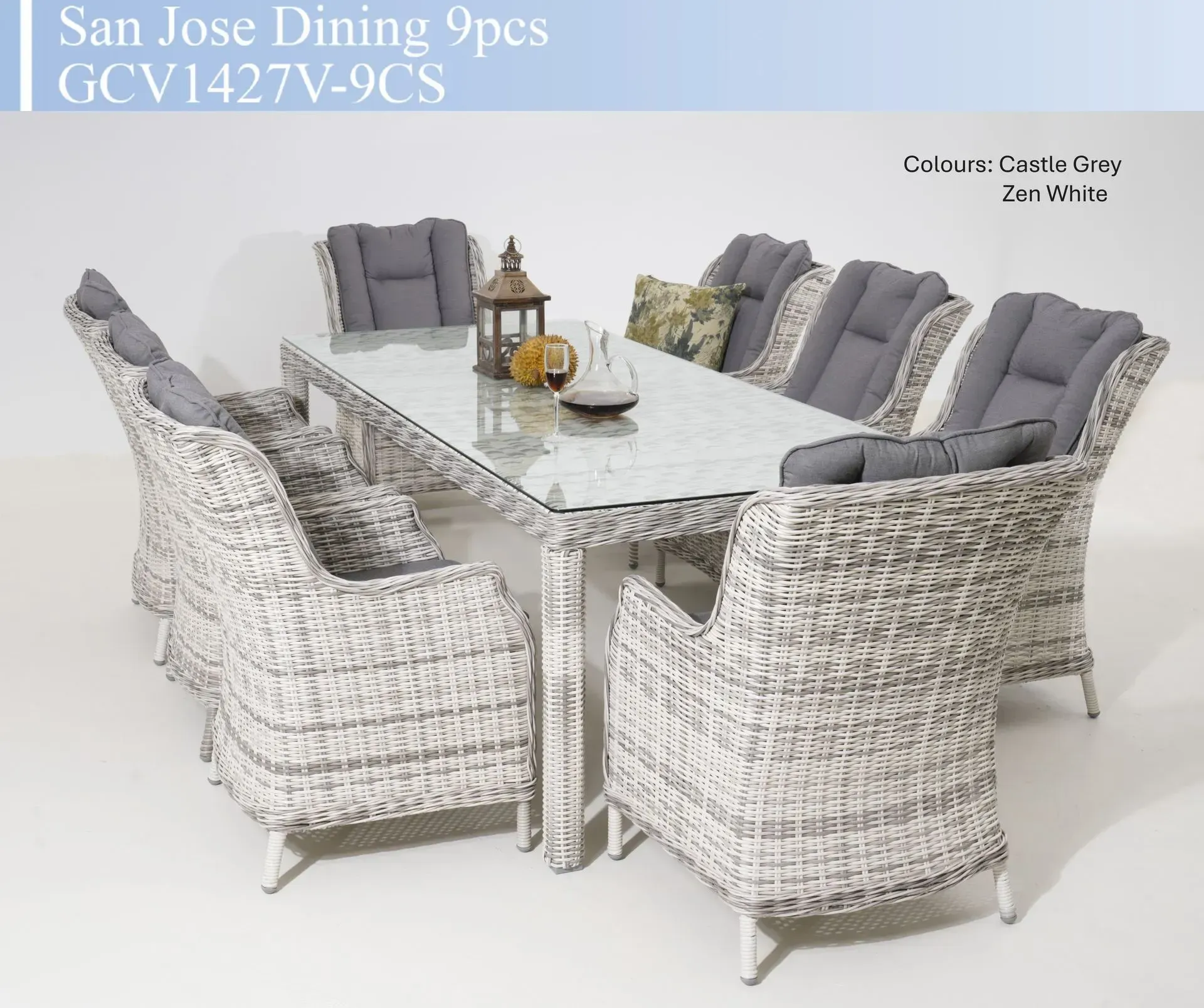 Grey woven 9-piece patio dining set with rectangular table and six chairs on a white background
