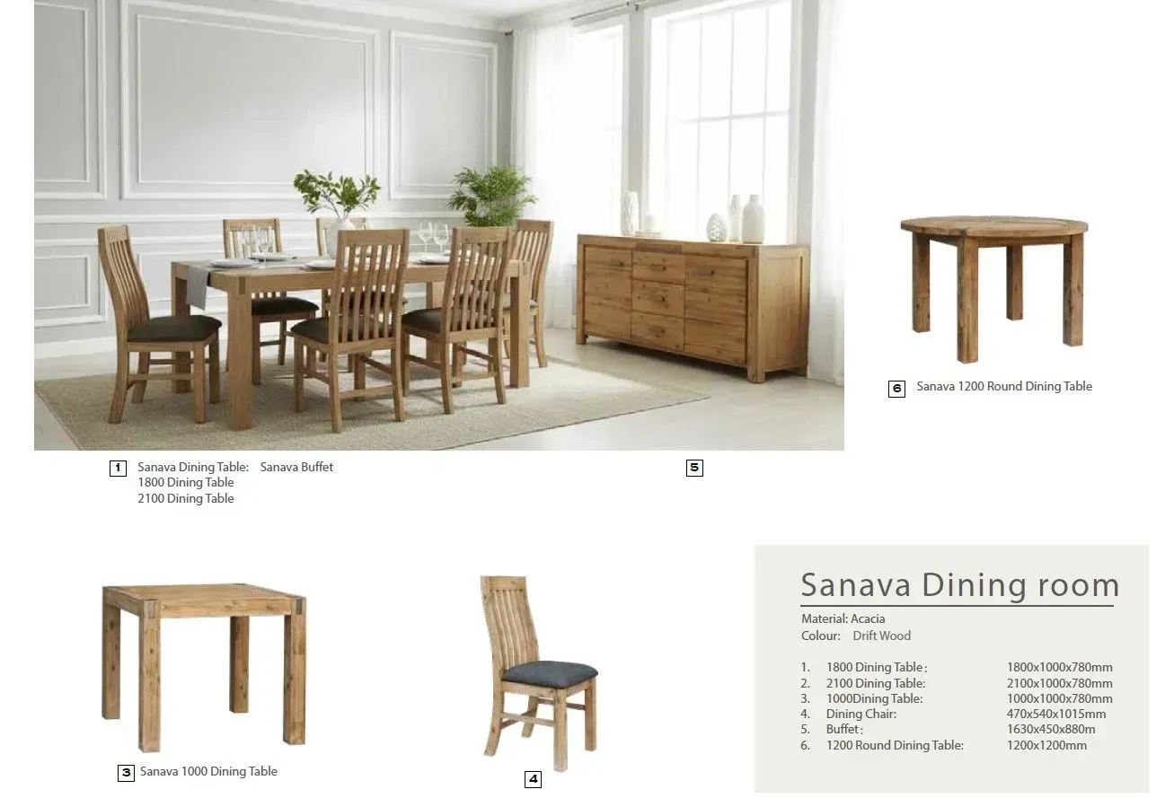 Furniture catalog page showing a light wood dining room set with table, chairs, sideboard, and matching pieces.