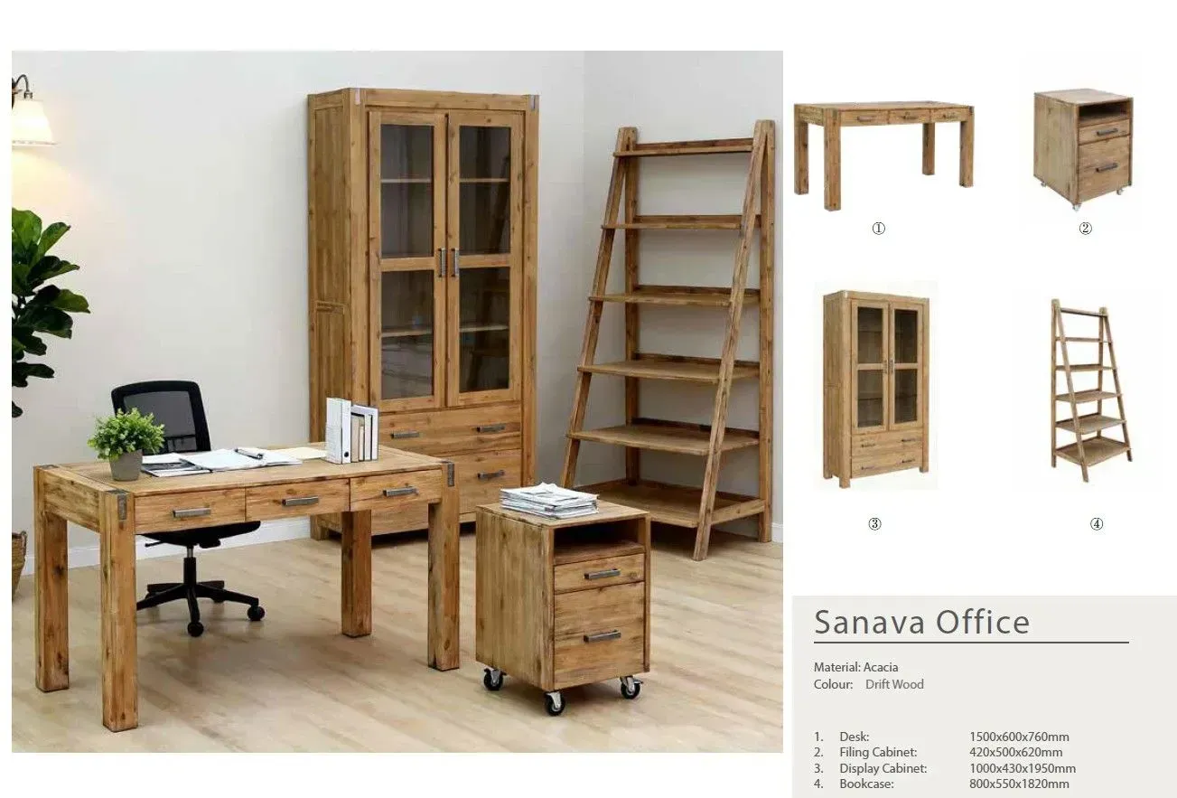 Wooden office furniture set with desk, chair, cabinet, shelves, and ladder-style bookcase on white background