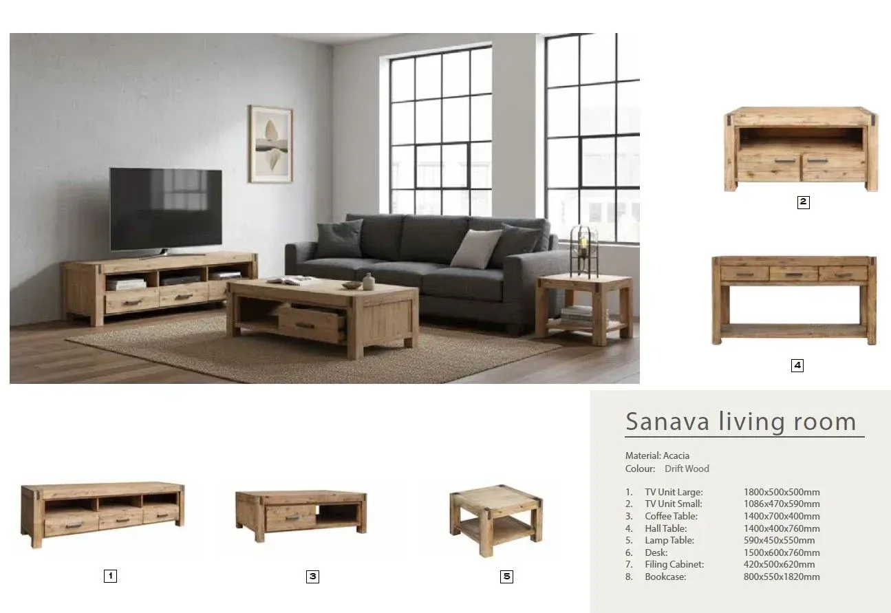 Modern living room with gray sofa, wooden coffee table, TV console, rug, and product layout on a white background
